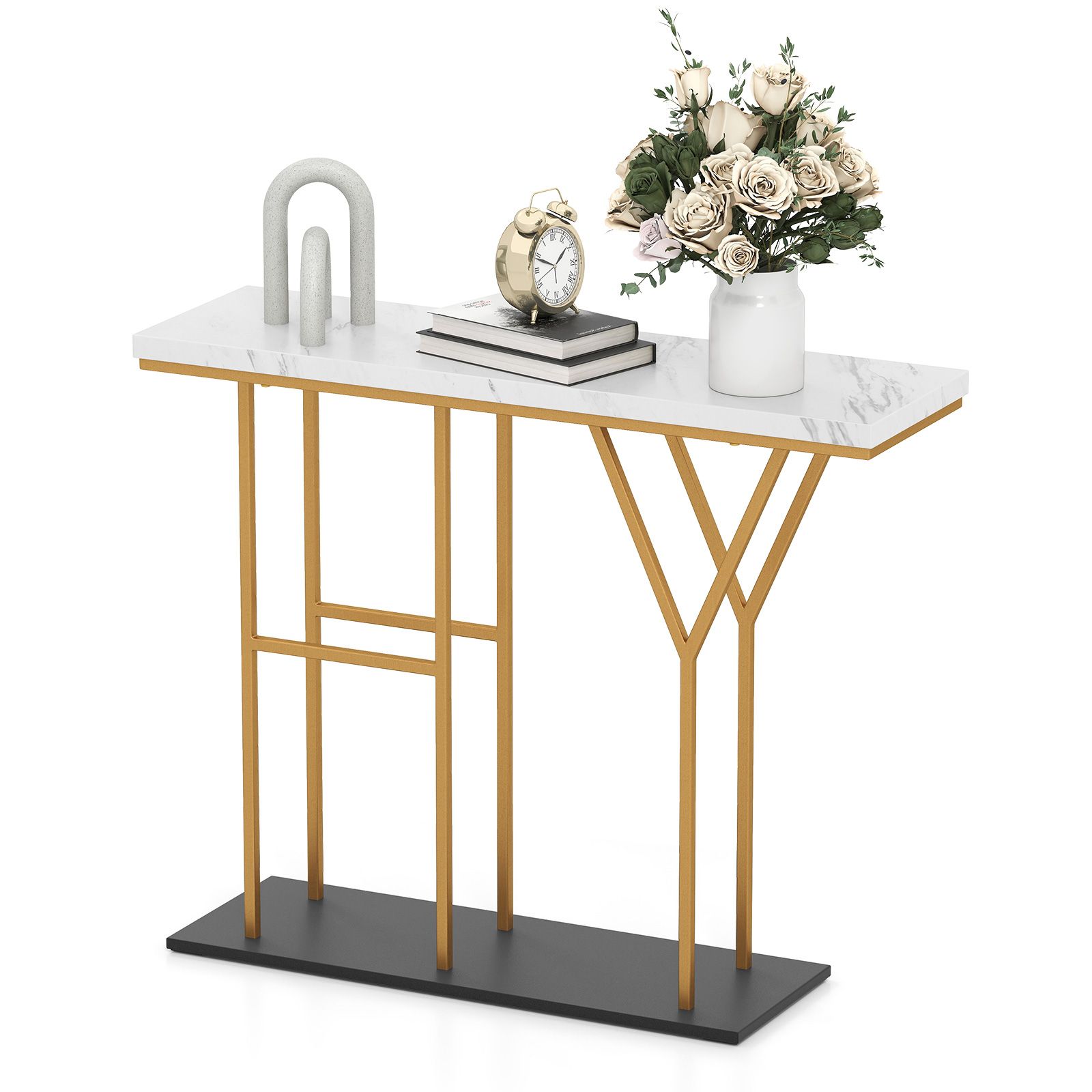 Costway 100 CM Console Table 2-Tier Faux Marble Entryway Table in White