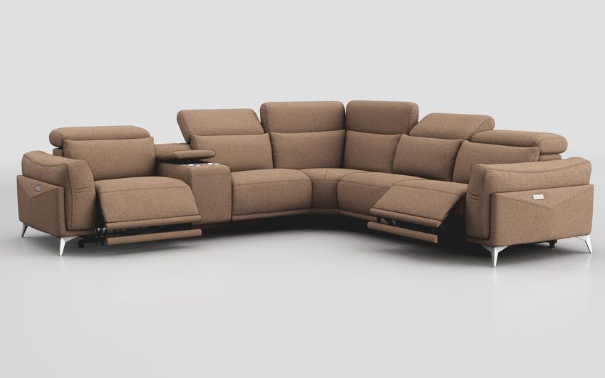 Brown Fabric Gattolino 2 Corner 2 Power Recliner Sofa with Manual Headrests & Console