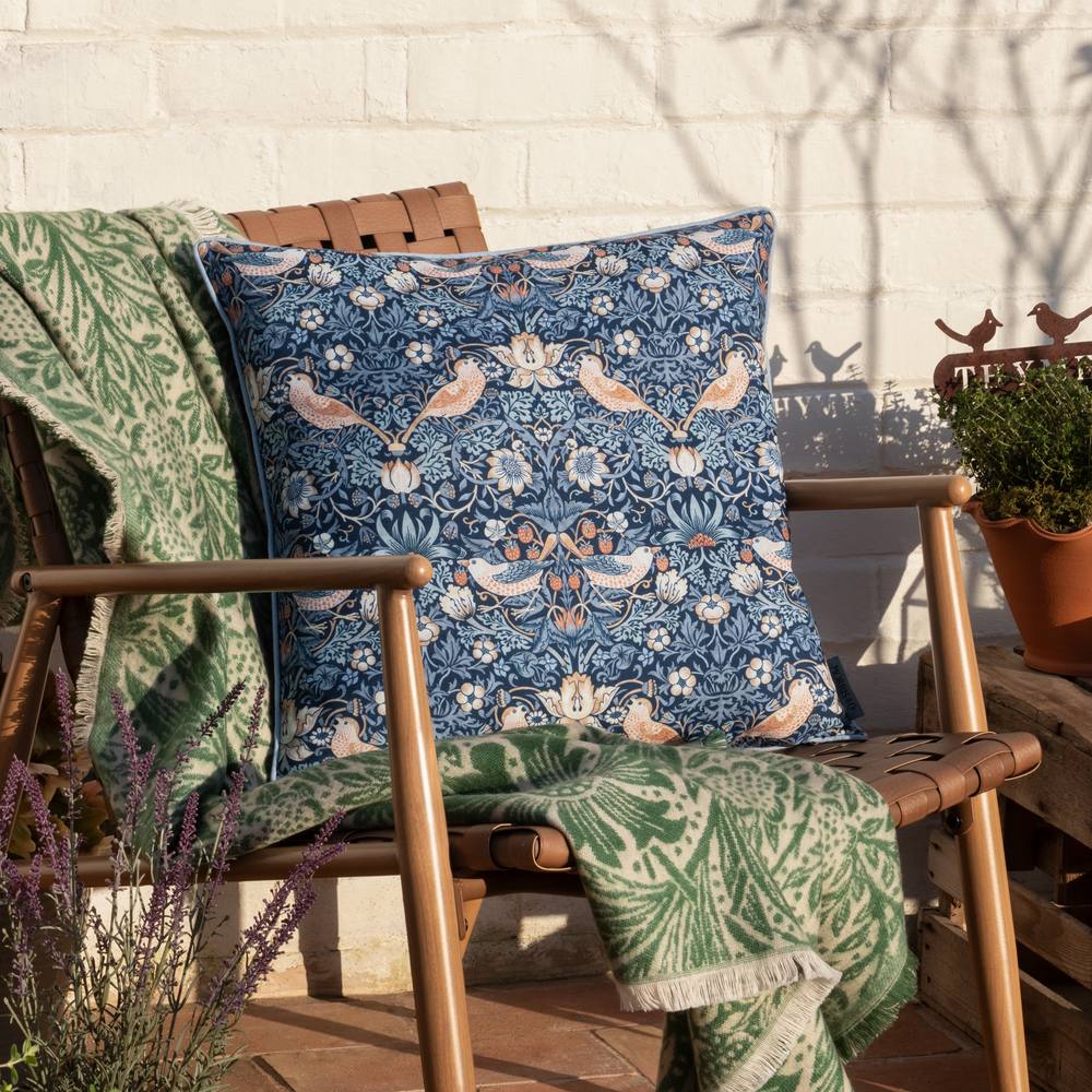 Morris & Co Strawberry Thief Piped Outdoor Cushion in Indigo