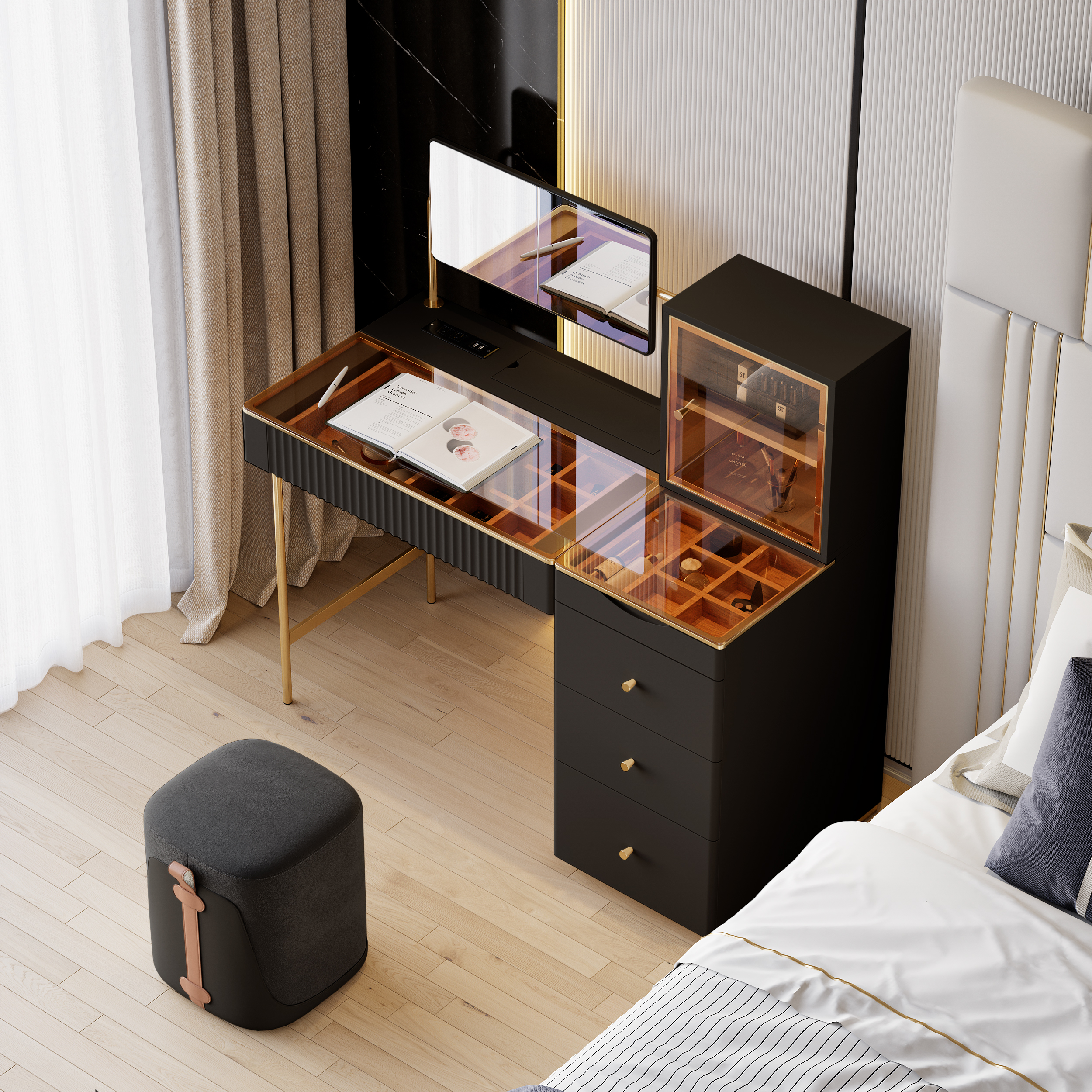 Modern Dressing Table with Chair Dressing Table with Jewellery Storage & Cabinet & Stool
