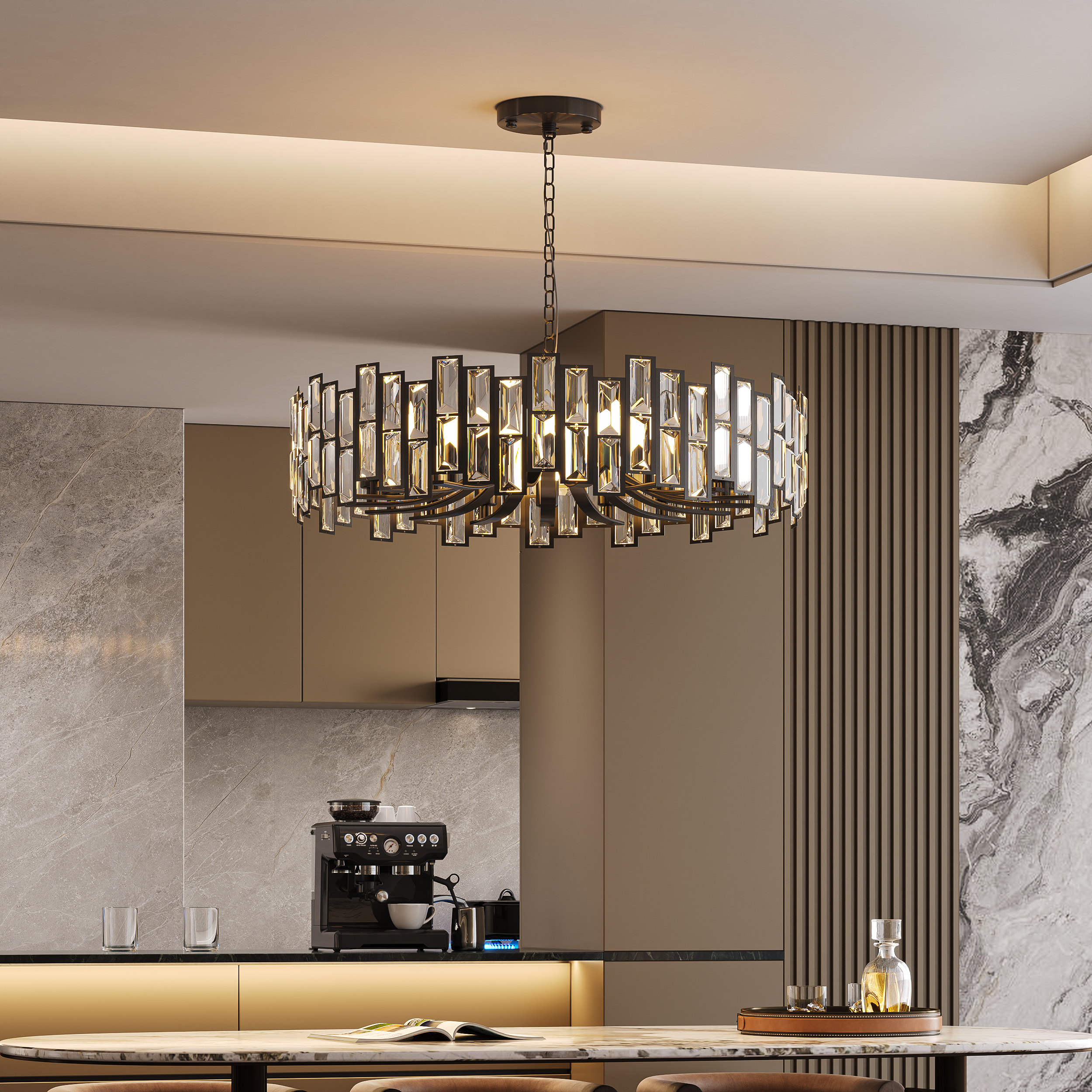 Clyvra Modern Geometric Crystal Chandelier 10-Light with Adjustable Chain in Black