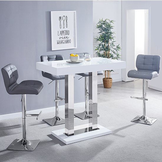 Caprice White Gloss Bar Table With 4 Candid Grey Bar Stools