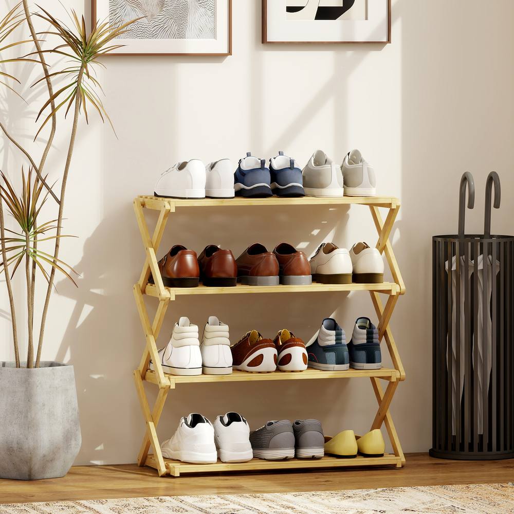 HOMCOM 4-Tier Bamboo Shoe Rack, Folding Shoe Shelf, Holds up to 12 Pairs in Natural