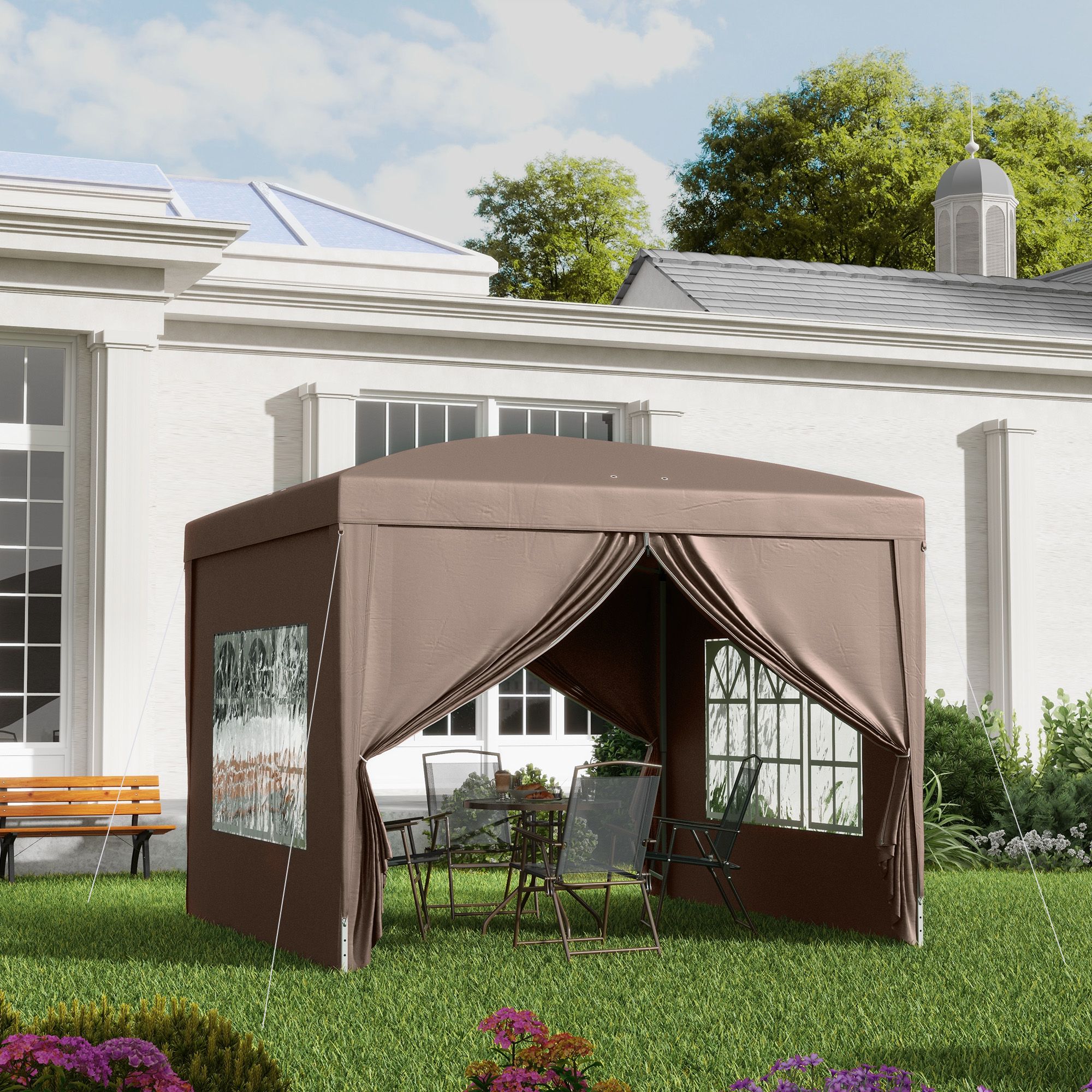 OUTSUNNY 3mx3m Pop Up Gazebo Party Tent Canopy Marquee with Storage Bag in Brown