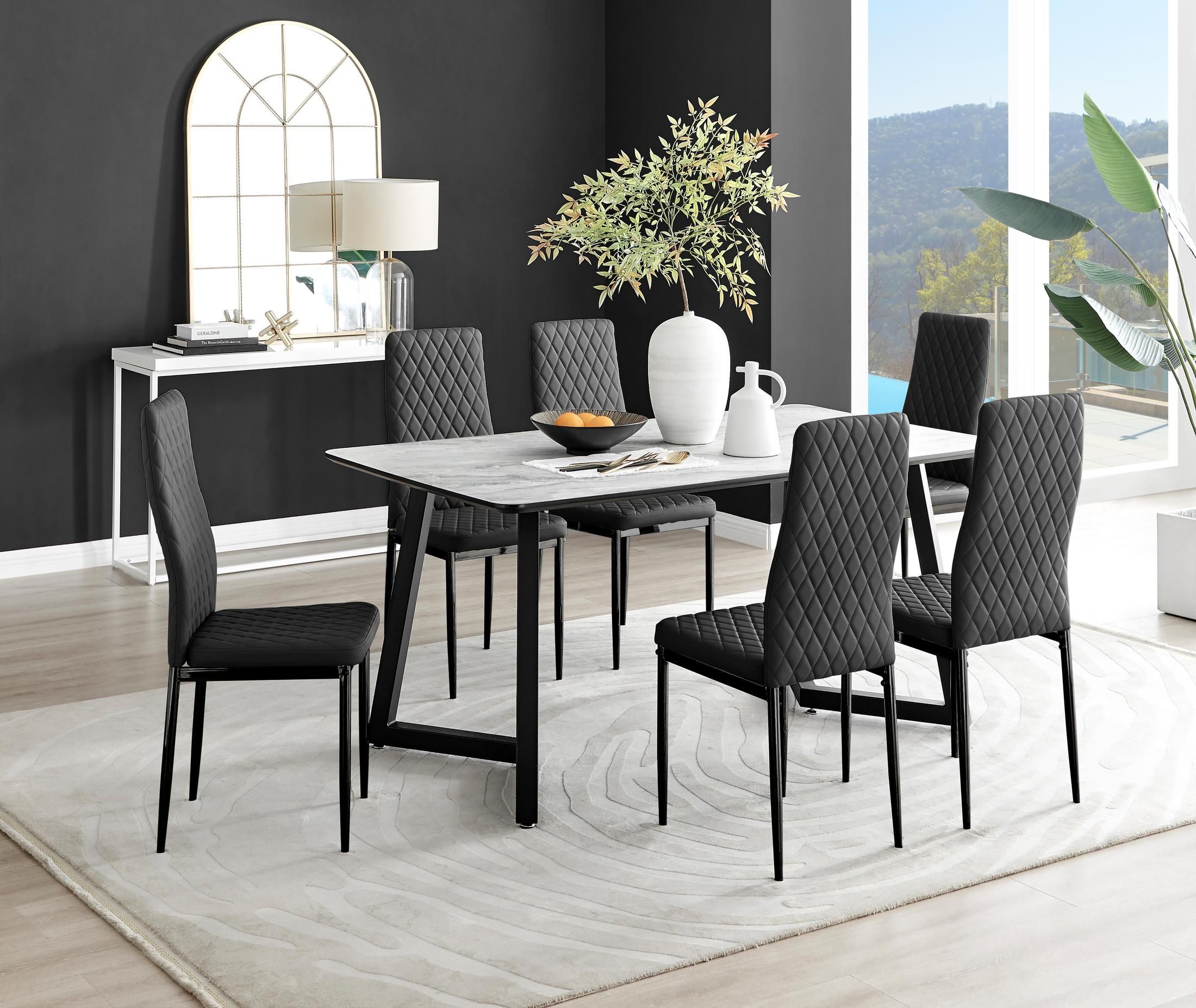 FurnitureboxUK Carson White Marble Effect Dining Table & 6 Milan Black Leg Chairs