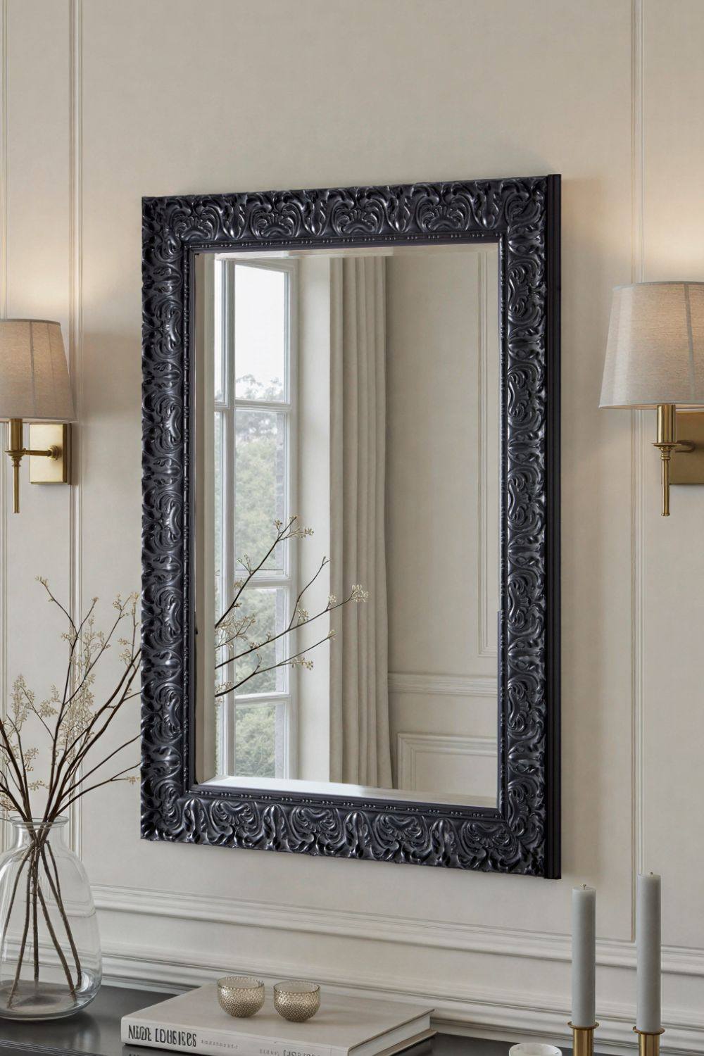 Yearn Mirrors Carved Framed Bevelled Mirror Black 92.5x67cm