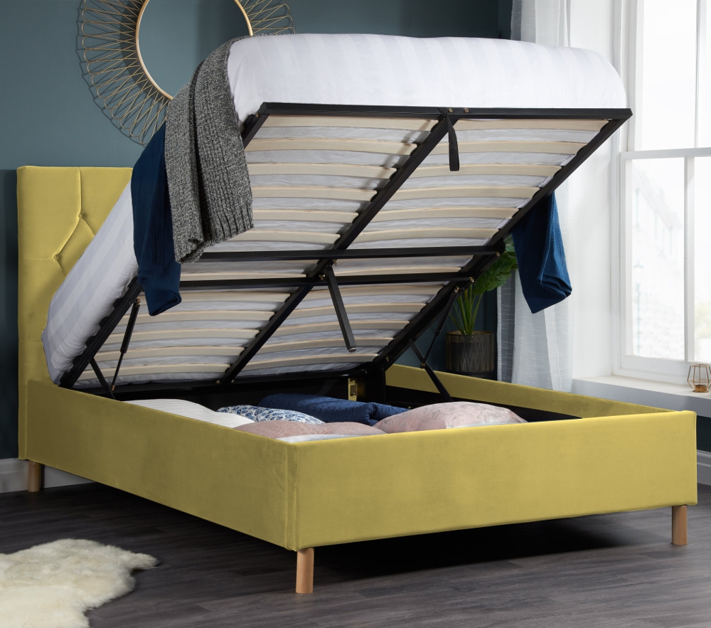 Loxley Mustard Velvet Fabric Ottoman Storage Bed Frame - 4ft Small Double