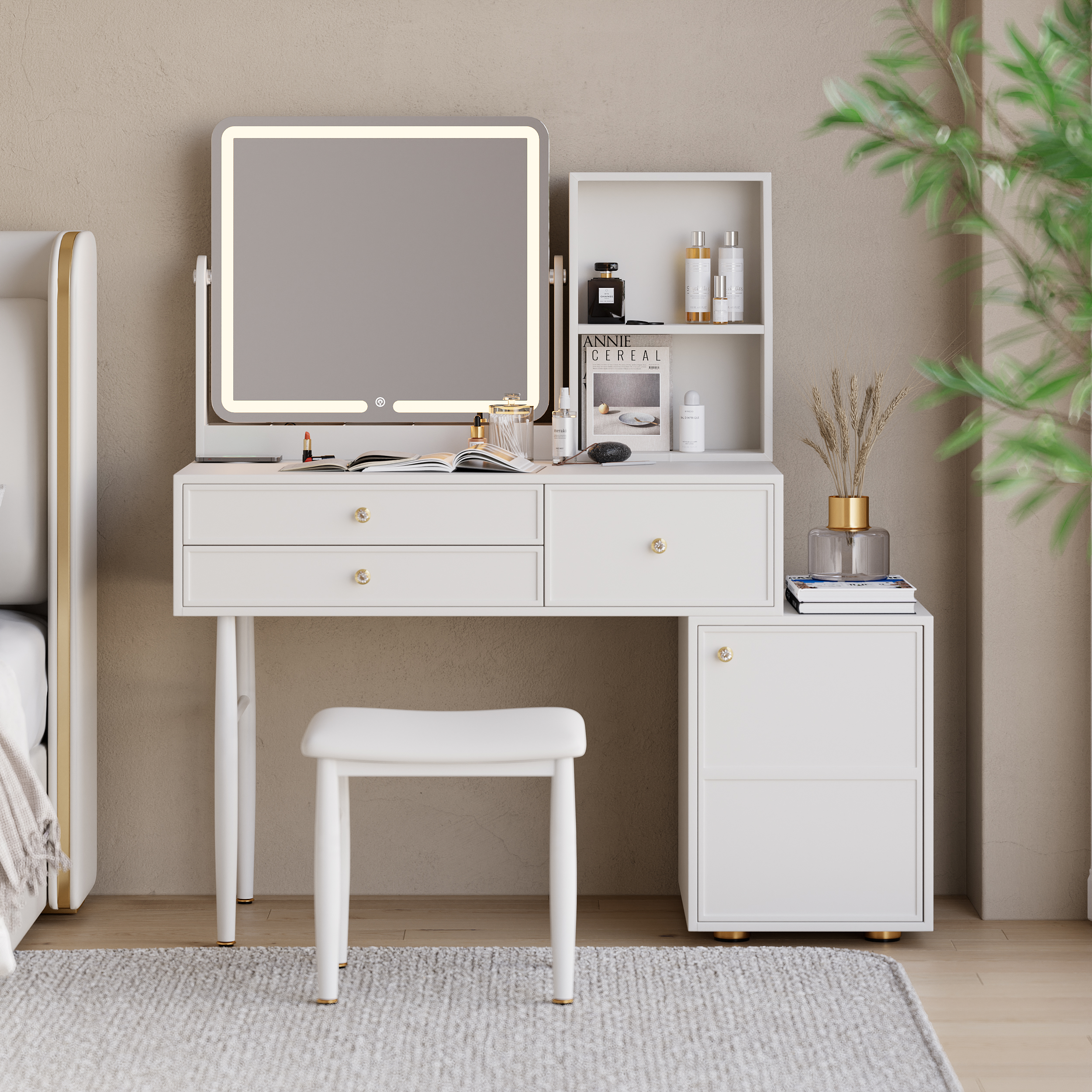 Leather Modern White Dressing Table with Chair with LED Mirror & Charger Dressing Table with Stool
