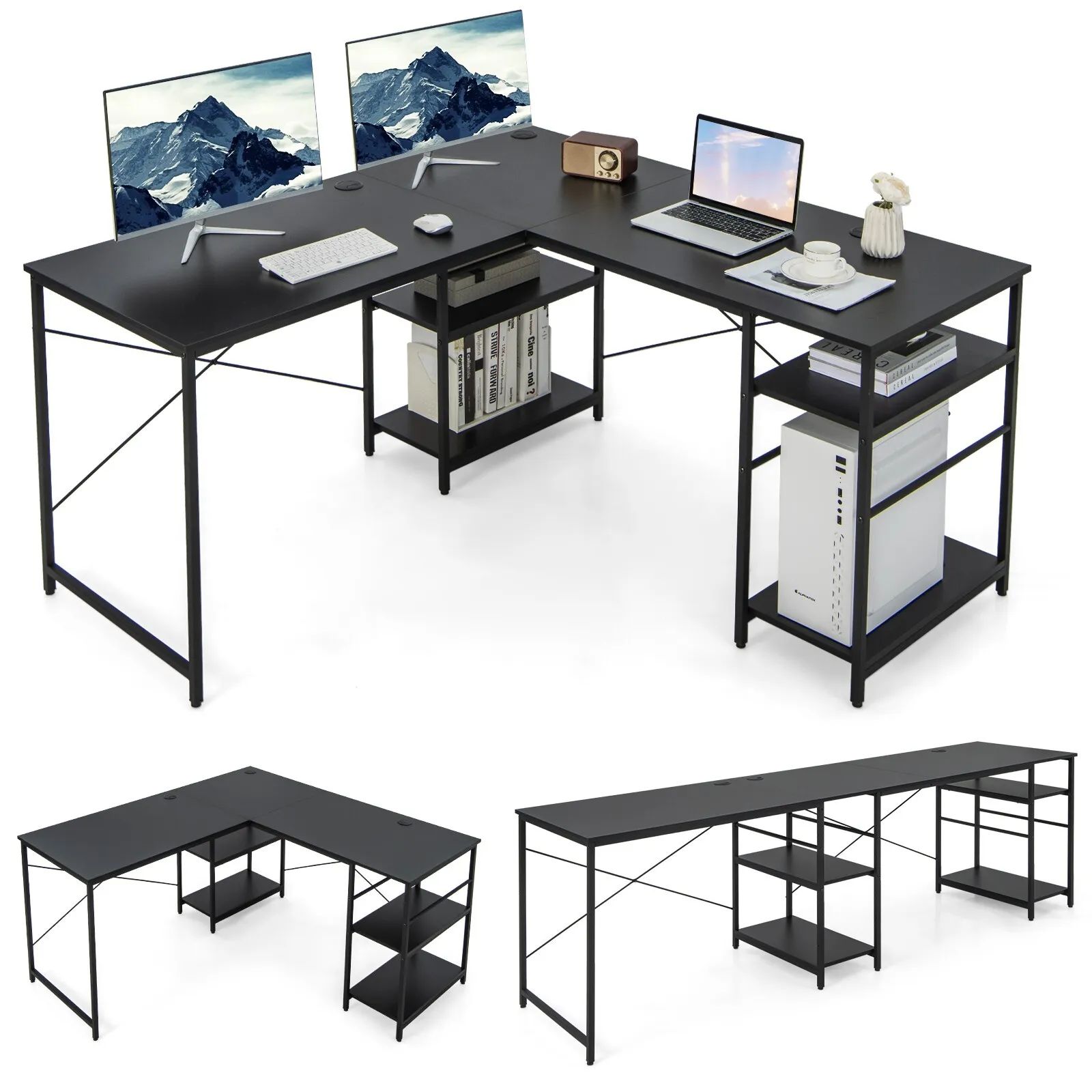 Costway L-Shaped Corner Computer Desk Study Writing Desk Home Office Workstation with Storage Shelf in Black