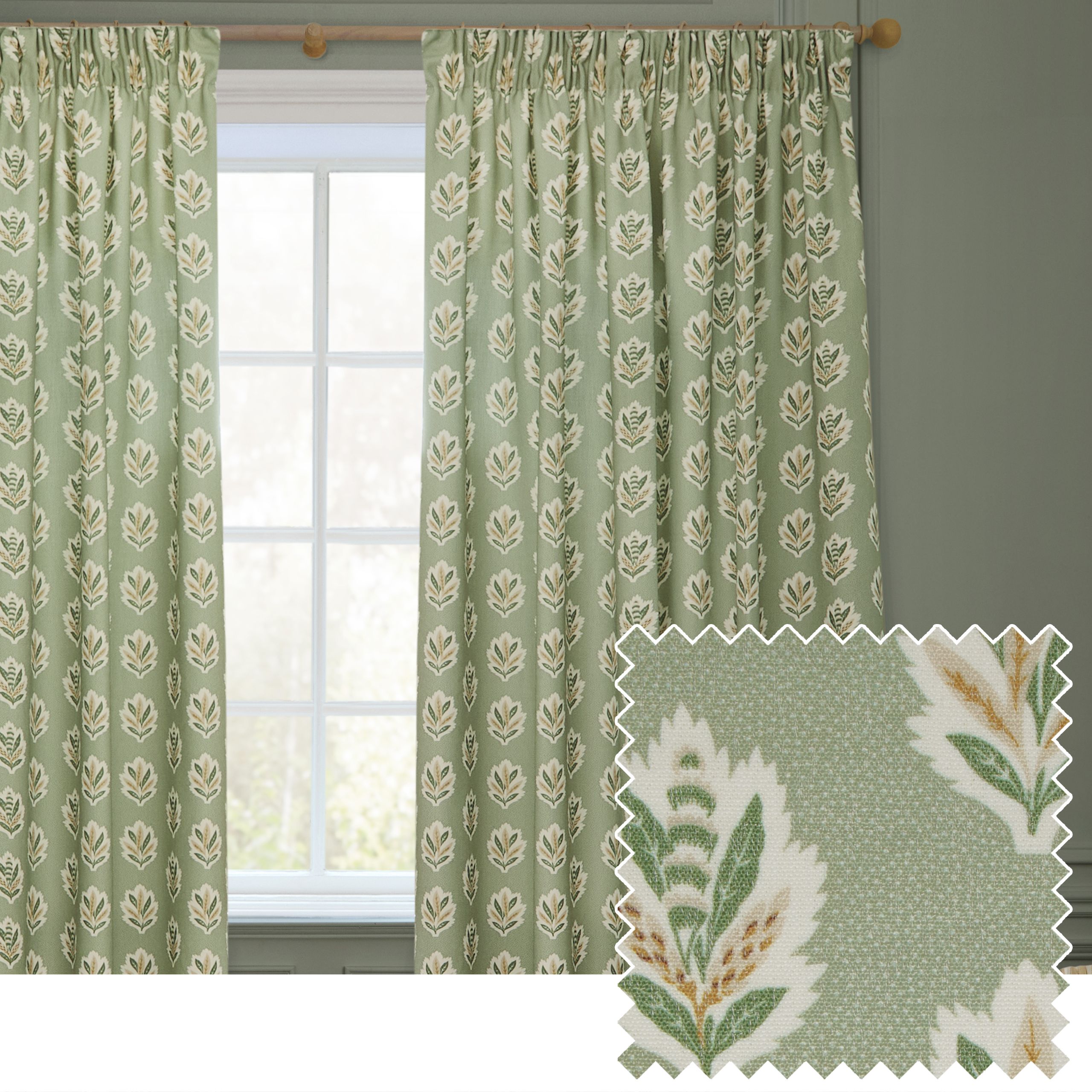 Sanderson Sessile Leaf Printed Room Darkening Pencil Pleat Curtains in Light Green