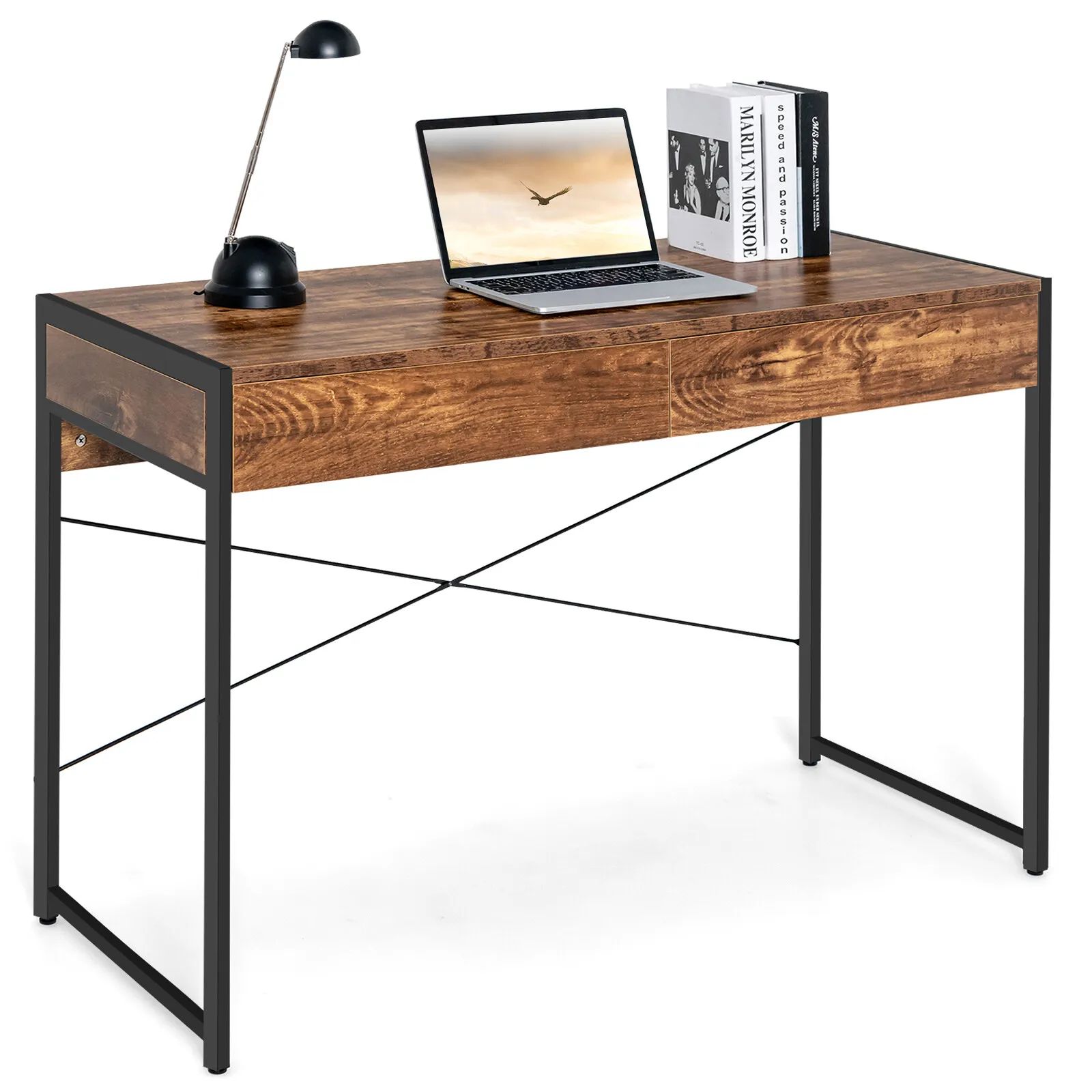 Costway Computer Desk Wooden PC Laptop Table Writing Workstation with 2 Drawers in Brown