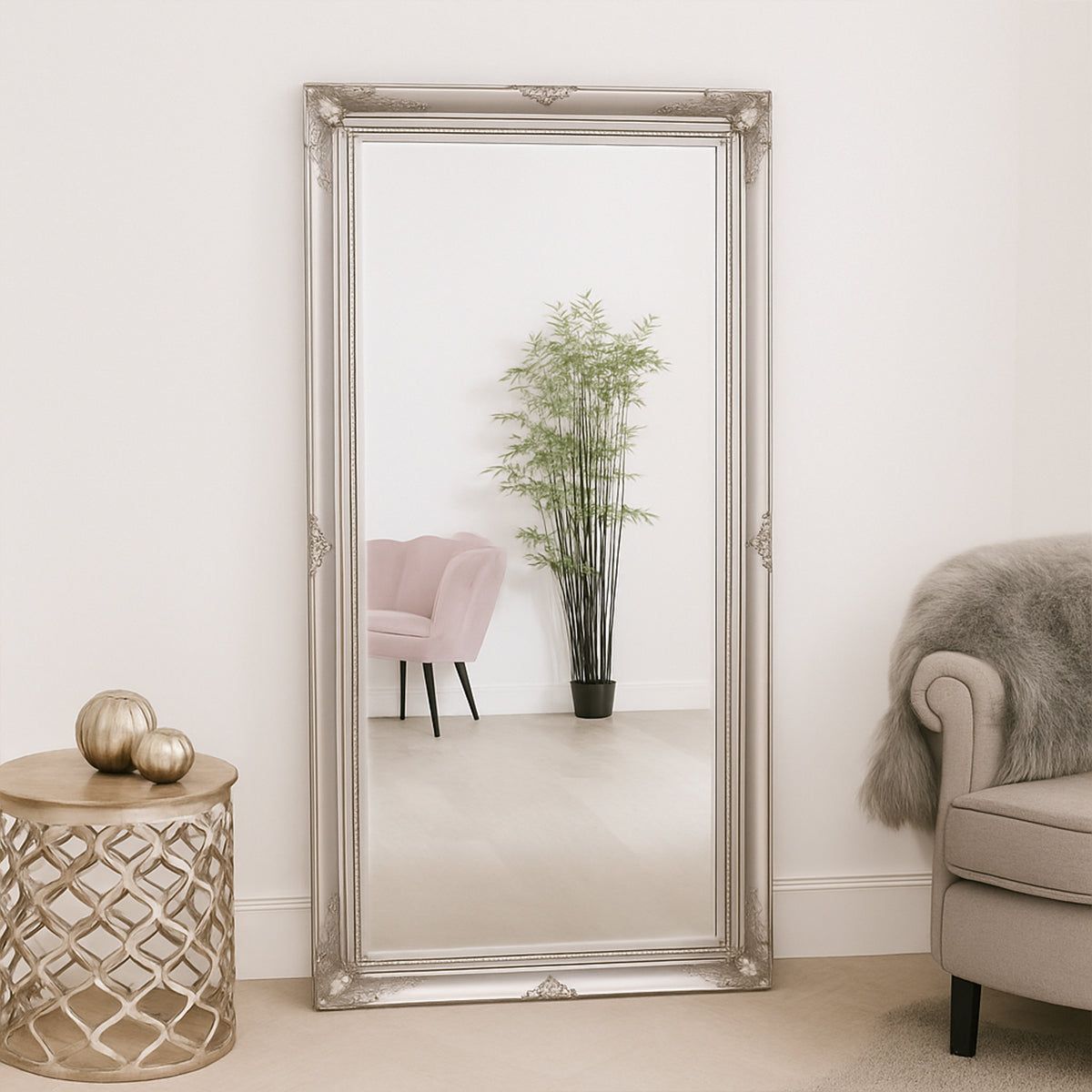 Melody Maison Large Ornate Silver Wall/Floor Mirror 158cm X 78cm in White
