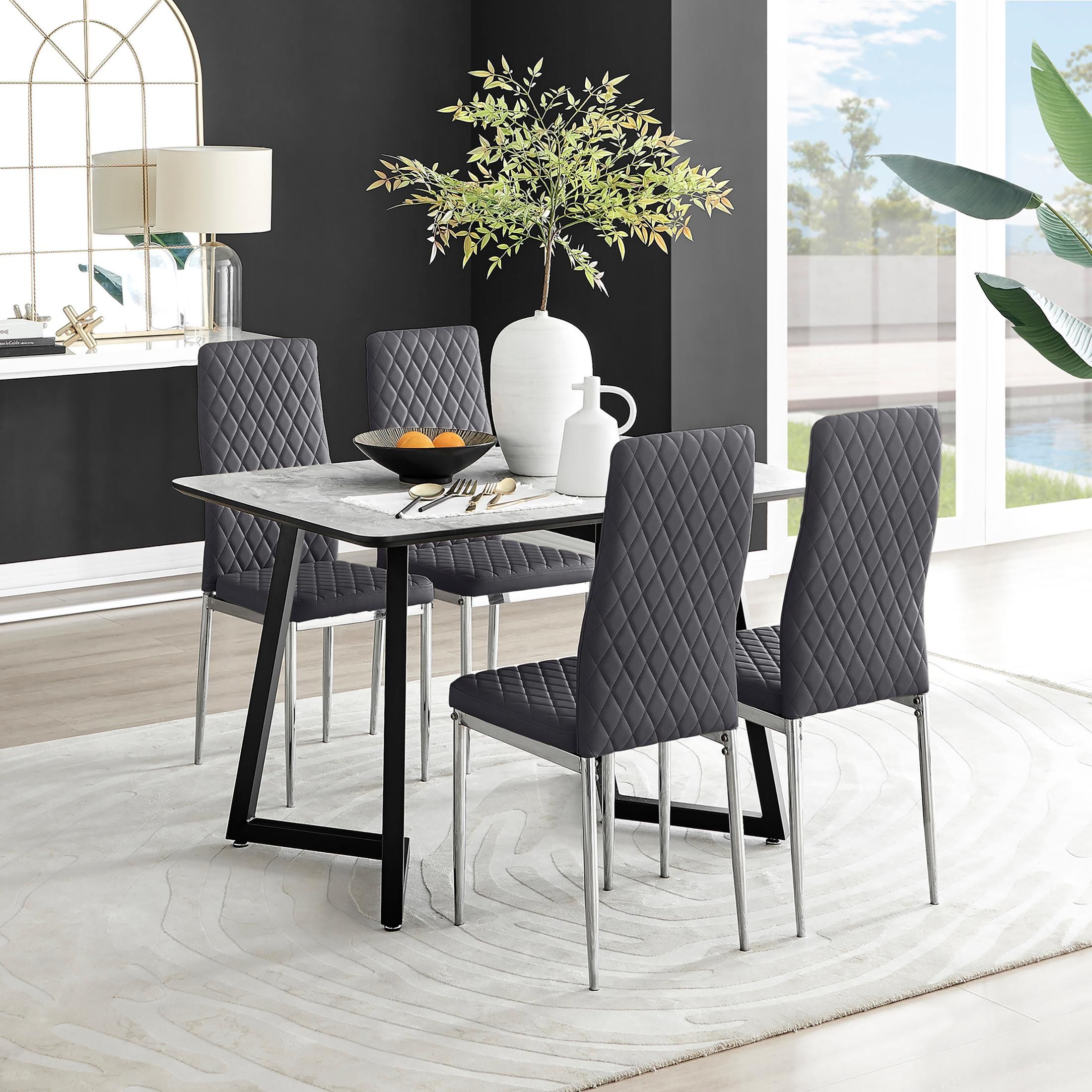 FurnitureboxUK Carson White Marble Effect Dining Table & 4 Velvet Milan Chairs in Grey