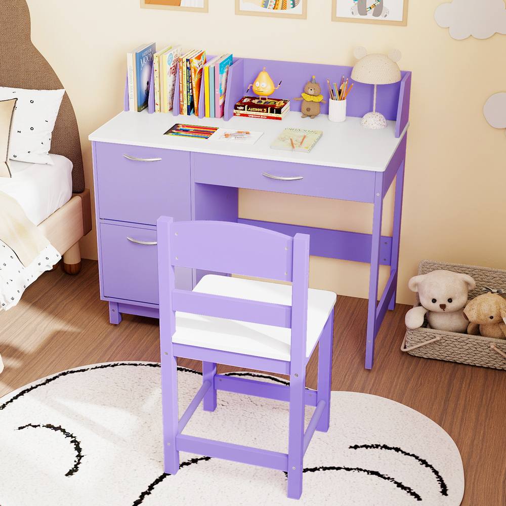 Costway Kid's Study Desk & Chair Set Wooden Activity Table w/ Wide Desktop in Purple
