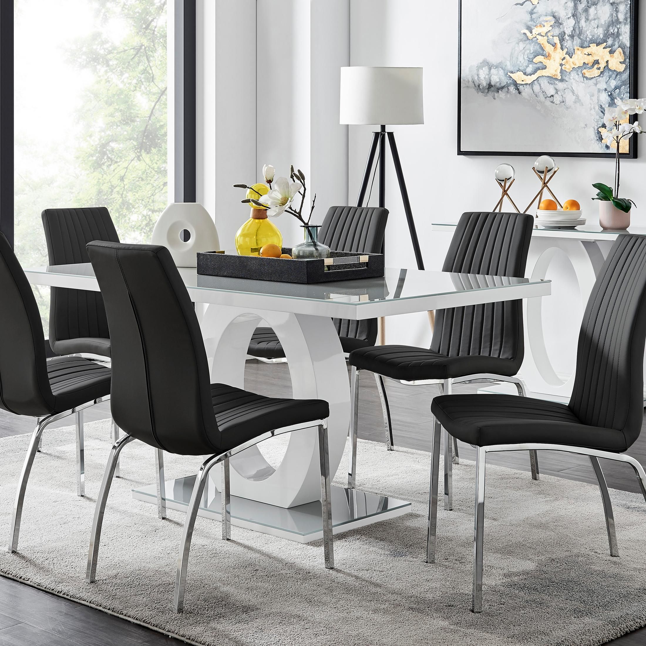 FurnitureboxUK Giovani 6-Seater Grey Glass Dining Table & 6 Isco Faux Leather Dining Chairs in Black