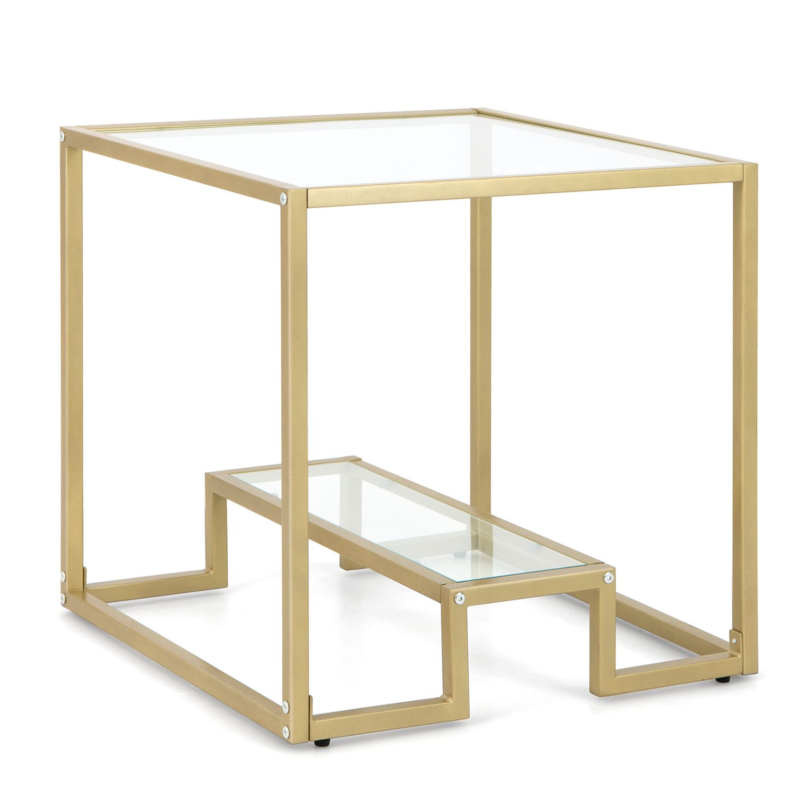 Costway 2-Tier Square Side Table Sofa End Snack Table Nightstand Tempered Glass Tabletop in Gold
