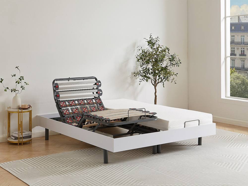 Vente-unique Electric Slatted Bed Base With 2X25 White Wood Decorative Pads - 2 X 5