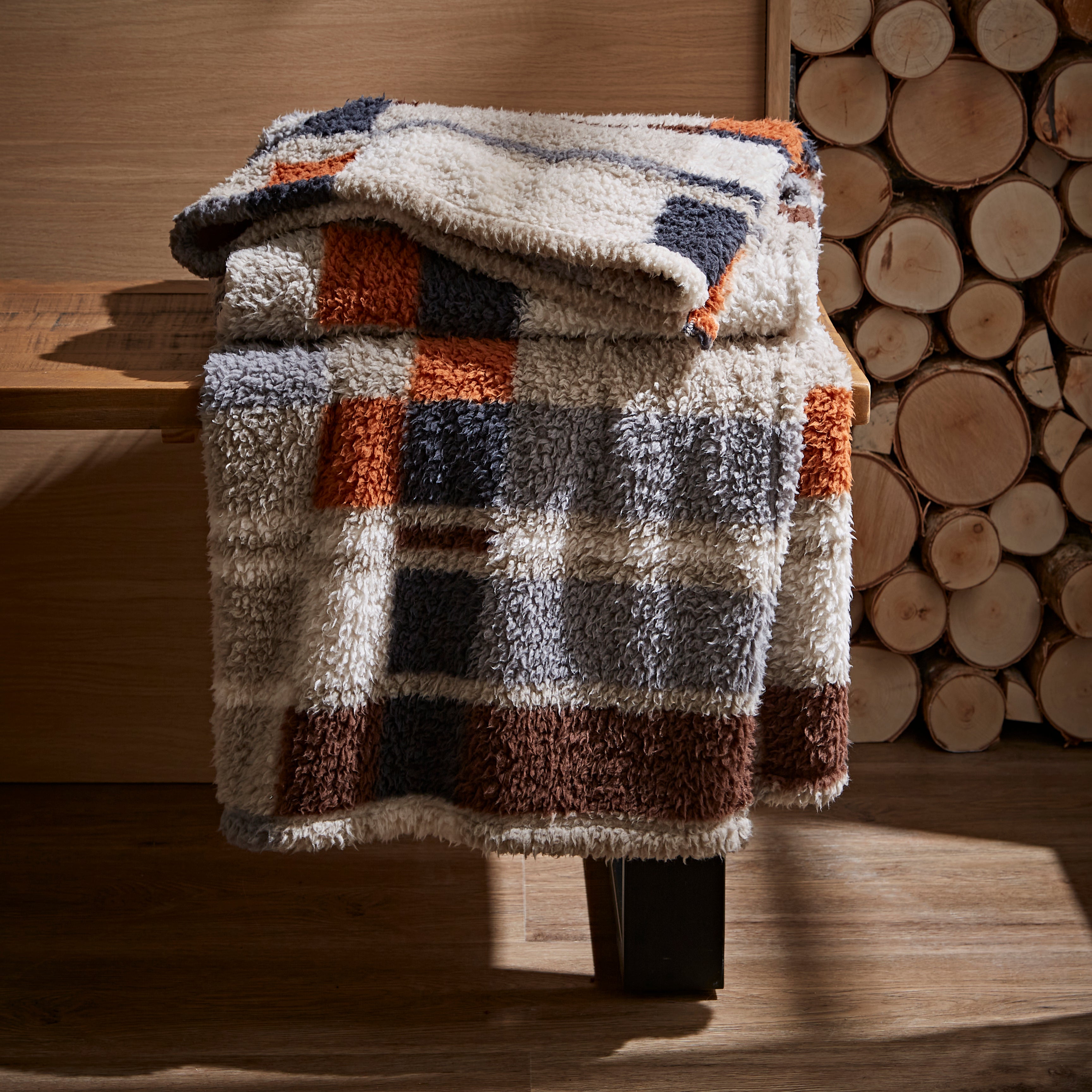 Modern Check Navy Sherpa Throw Navy Blue/Orange/white