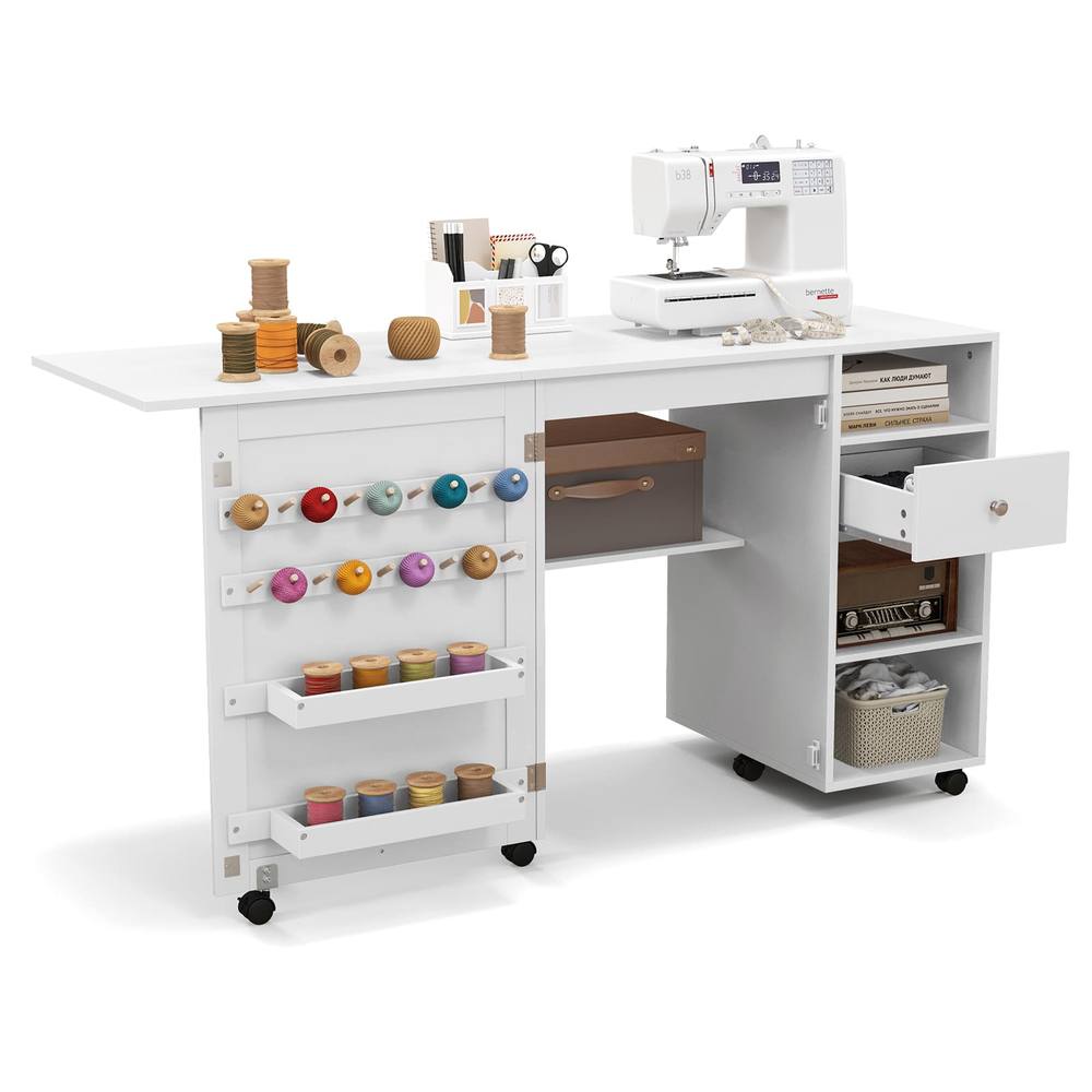 Costway Folding Sewing Table Adjustable Rolling Sewing Craft Desk w/Trays&Pegs in White
