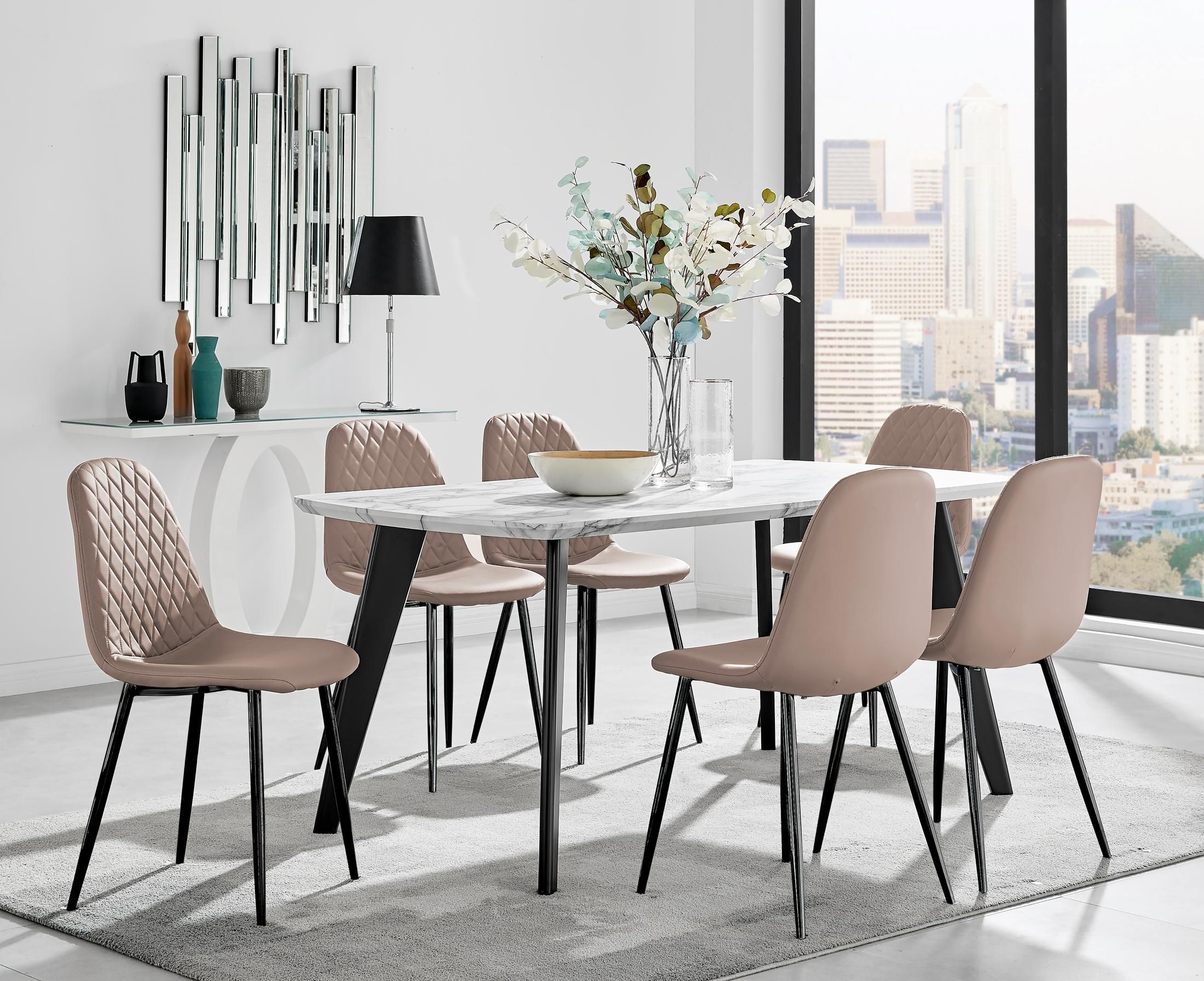 FurnitureboxUK Andria White Marble Effect & Black Leg 6 Seater Dining Table & 6 Corona Faux Leather Chairs in Beige