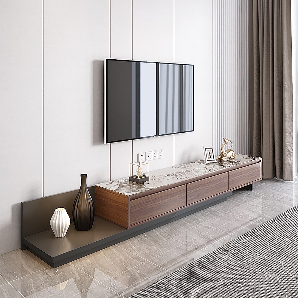 Fero Modern Extendable Stone Top Walnut & Black Wood TV Stand with 3 Drawers Up to 305 cm