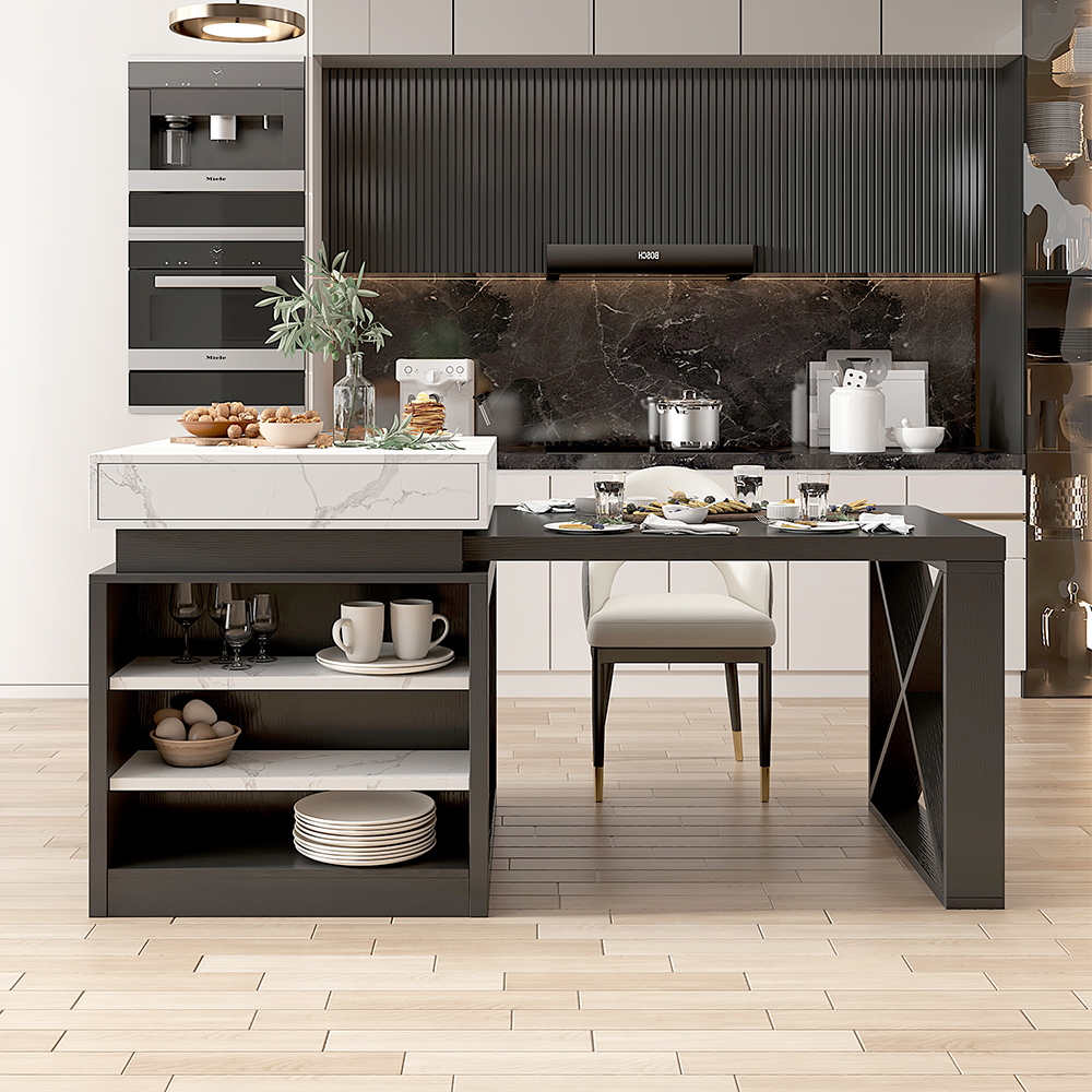 1850mm-2350mm Extendable White&Black Kitchen Island & 6 Modern Gray Dining Chairs Set
