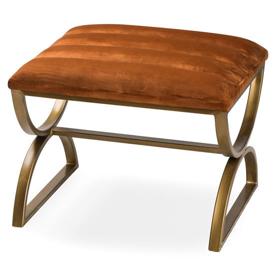 Creya Velvet Ribbed Footstool In Burnt Orange With Brass Base