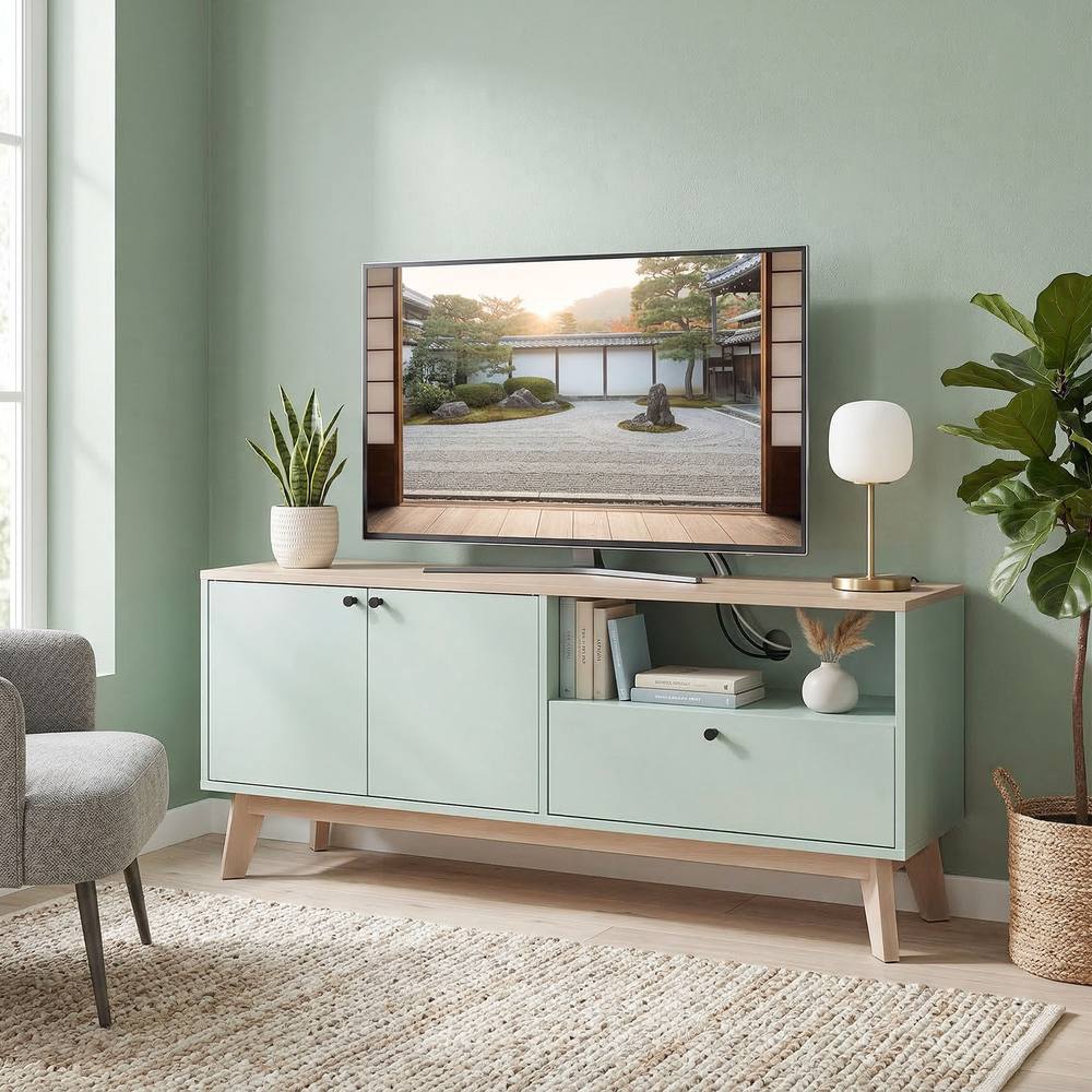 HOMCOM Entertainment Center with Adjustable Shelf for TVs up to 36 Inch in Light Green