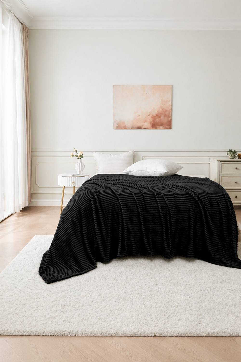 Dyzi Large Supersoft Ribbed Jacquard Fleece Throw Blanket 200 x 240cm in Black