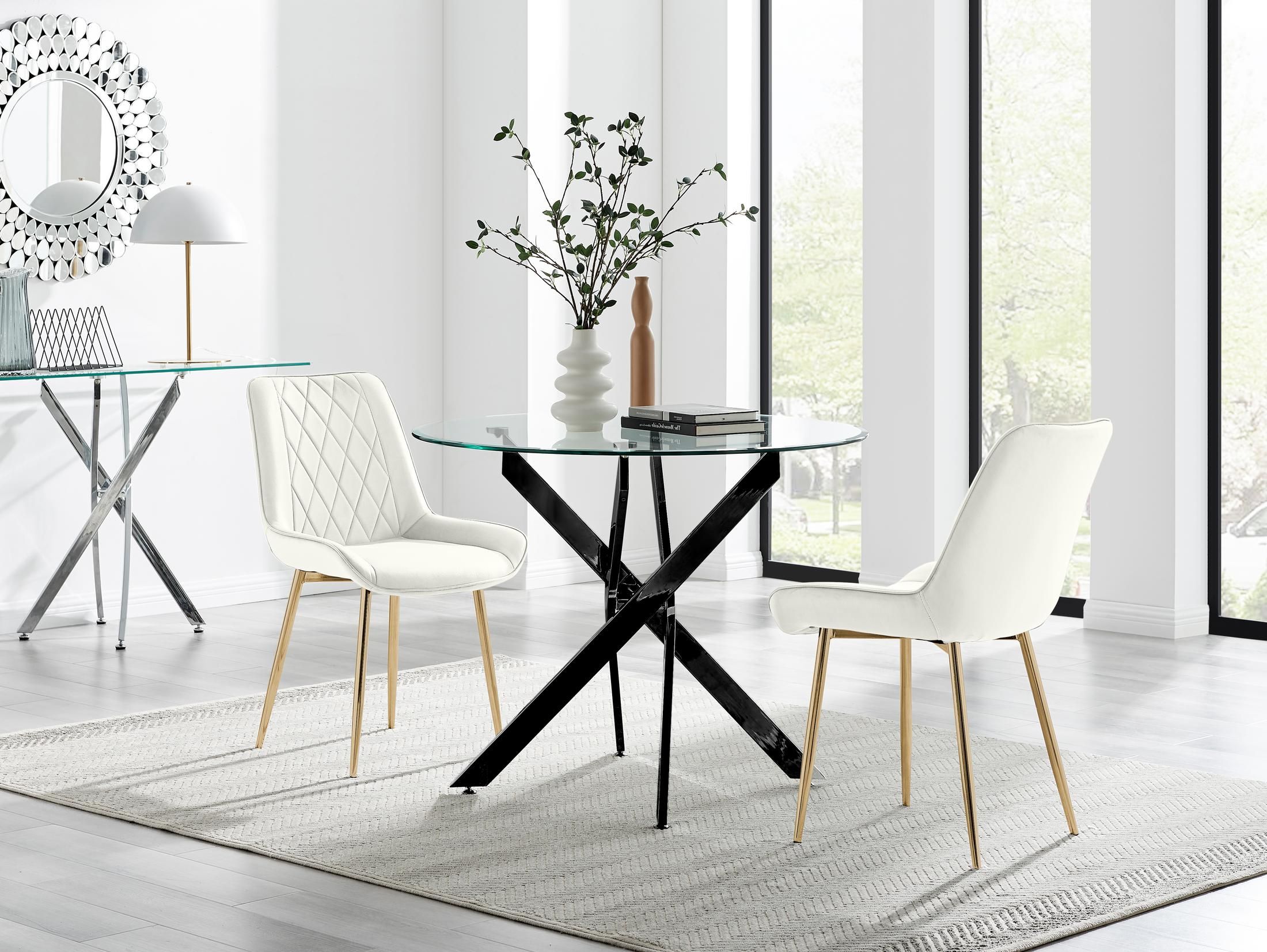 FurnitureboxUK Novara 100cm Round Black Leg Dining Table & 2 Pesaro Gold Leg Chairs in Cream