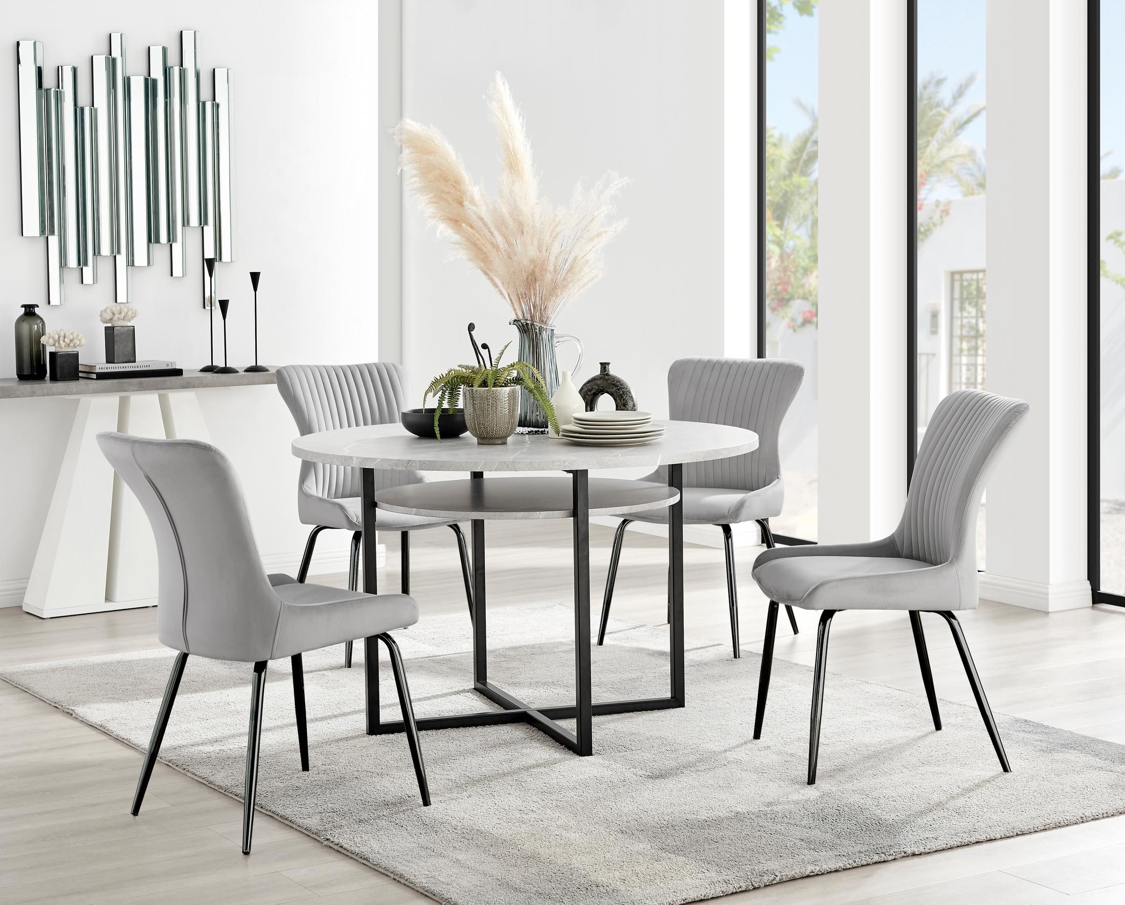 FurnitureboxUK Adley Grey Concrete Effect Round Dining Table & 4 Nora Black Leg Velvet Chairs in Light Grey