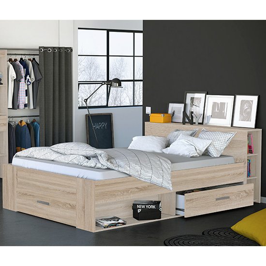 Tekop Wooden Storage King Size Bed In Brushed Oak With Drawers