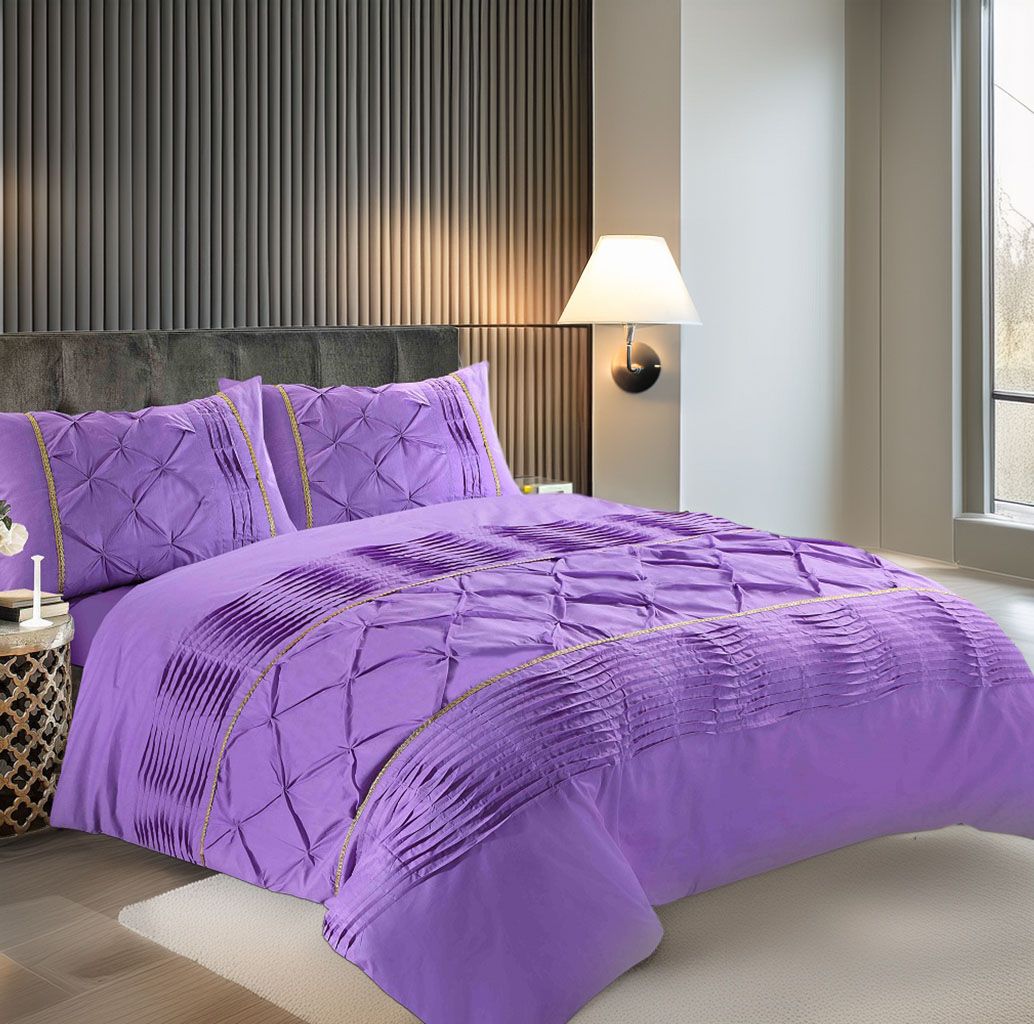 Snug City Duvet Cover & Pillowcase Set Modern Pintuck Border Pleated Bed Linen in Lilac