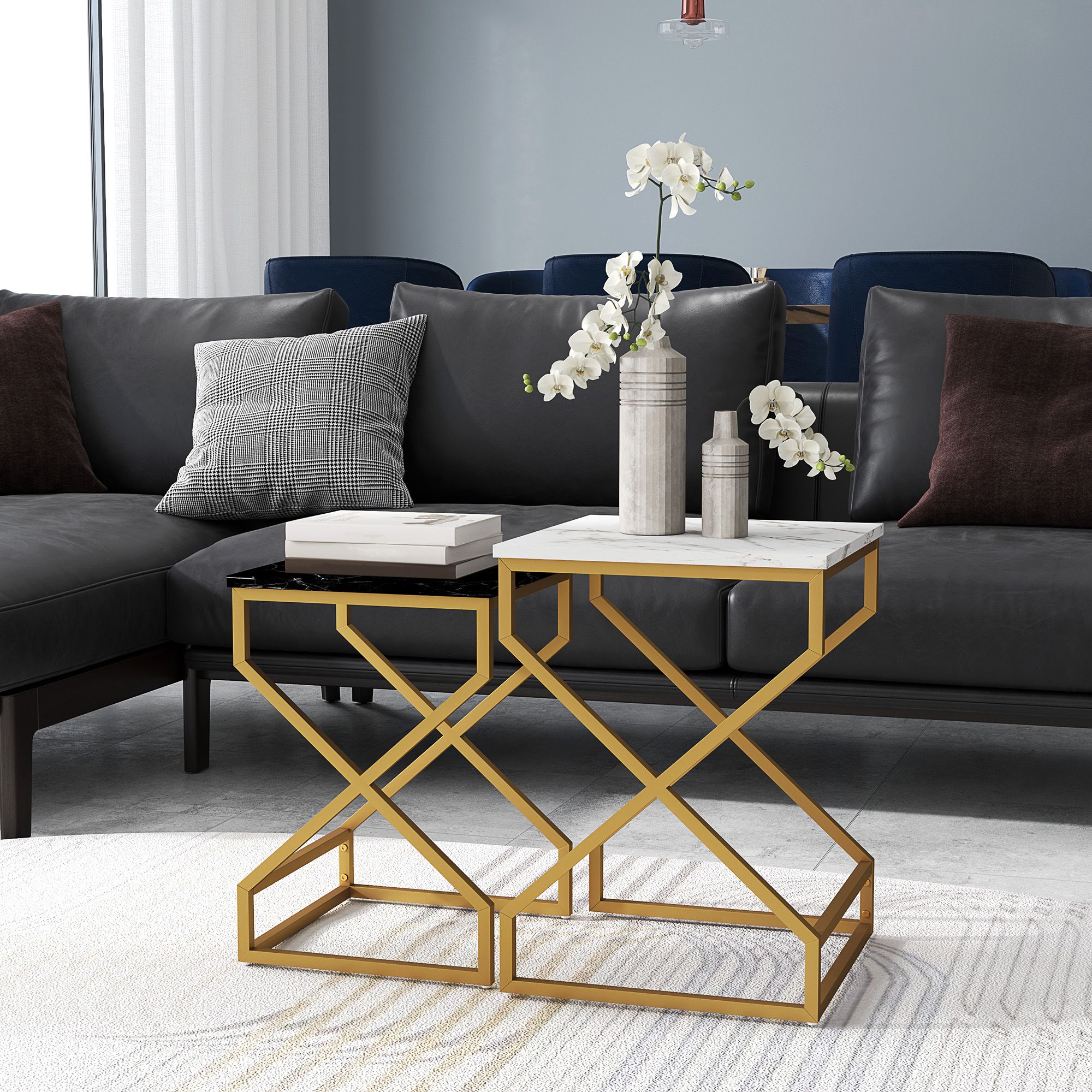 HOMCOM Nest Of Tables, Coffee Table Set with Steel Frame Black/White