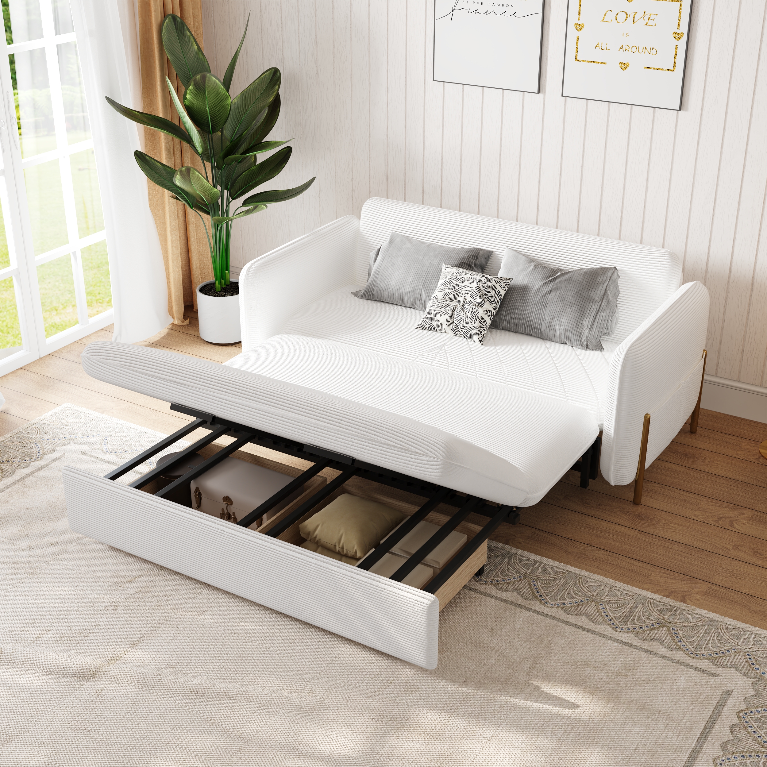 1524mm Queen 3-Seater Corduroy Convertible Sofa Bed