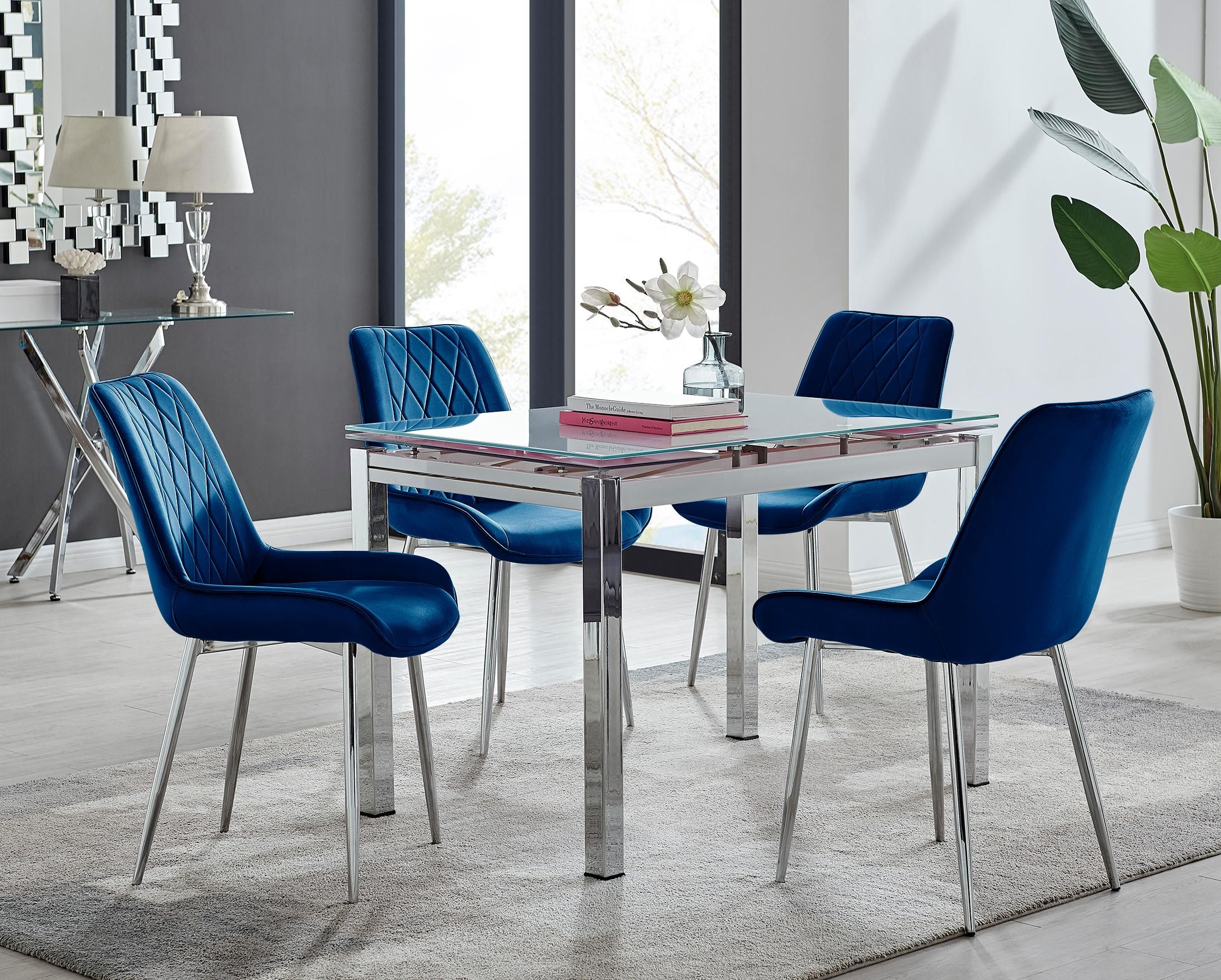 FurnitureboxUK Enna White Glass Extending 4-6 Seater Dining Table & 4 Pesaro Soft Velvet Chairs in Navy