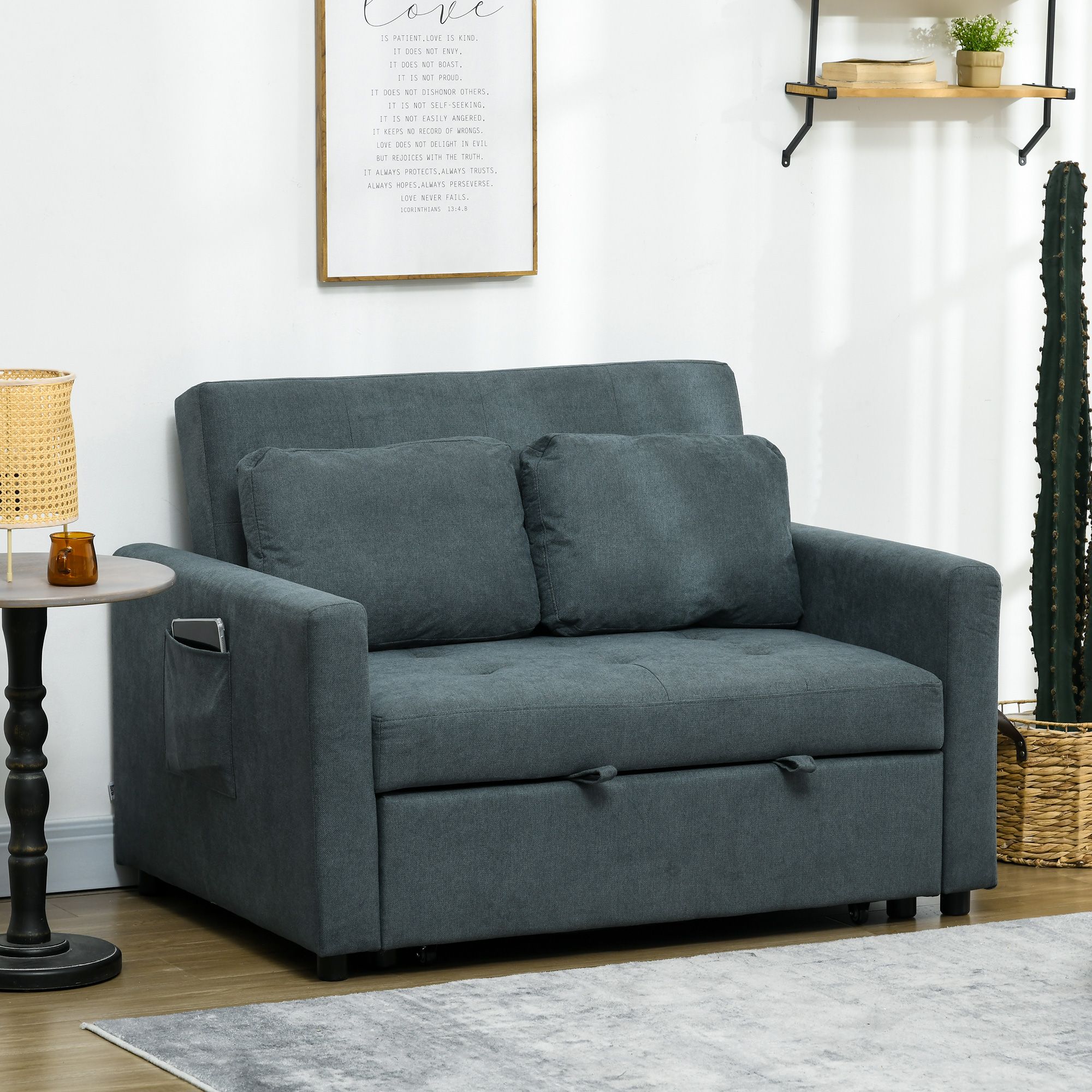 HOMCOM 2 Seater Sofa Bed Convertible Bed Settee with Cushions, Pockets in Grey
