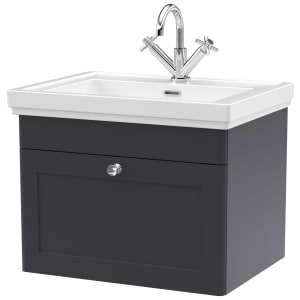 Classique Soft Black Wall Hung 1-Drawer Vanity & Basin 1 Tap Hole - 496 x 630mm