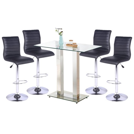 Jet Glass Bar Table With 4 Black Leather Ripple Stools