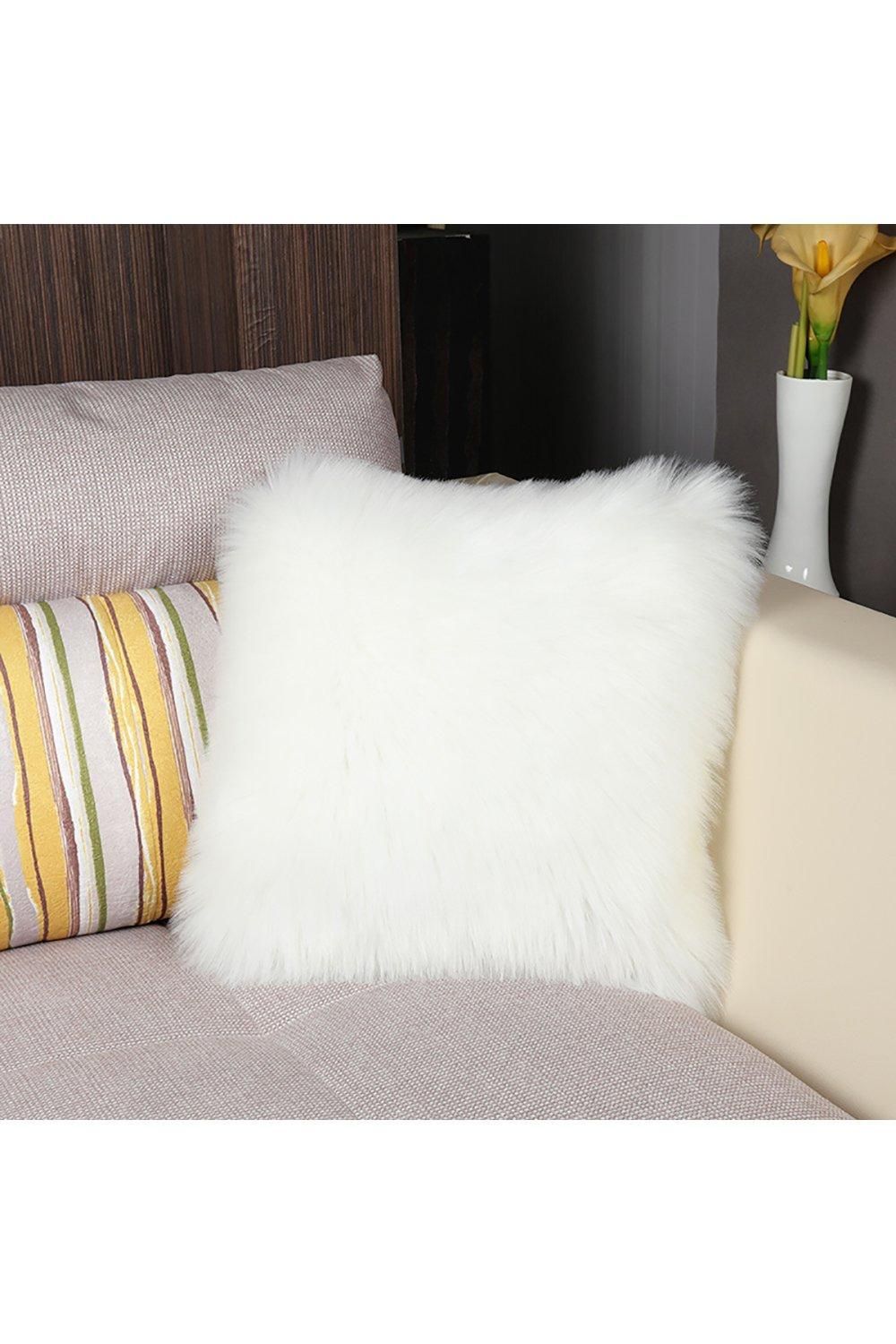 H&O Direct Square Fluffy Faux Fur Throw Pillow Cover in White