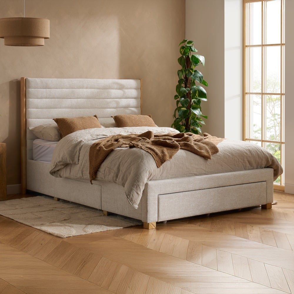 Arabella - King Size - 3 Drawer Storage Bed - Light Beige - Fabric - 5ft