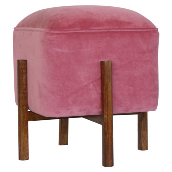 Clarkia Velvet Footstool In Pink With Solid Wood Legs