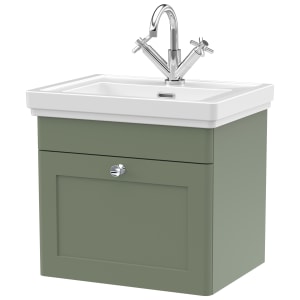 Classique Satin Green Wall Hung 1-Drawer Vanity & Basin 1 Tap Hole - 496 x 530mm