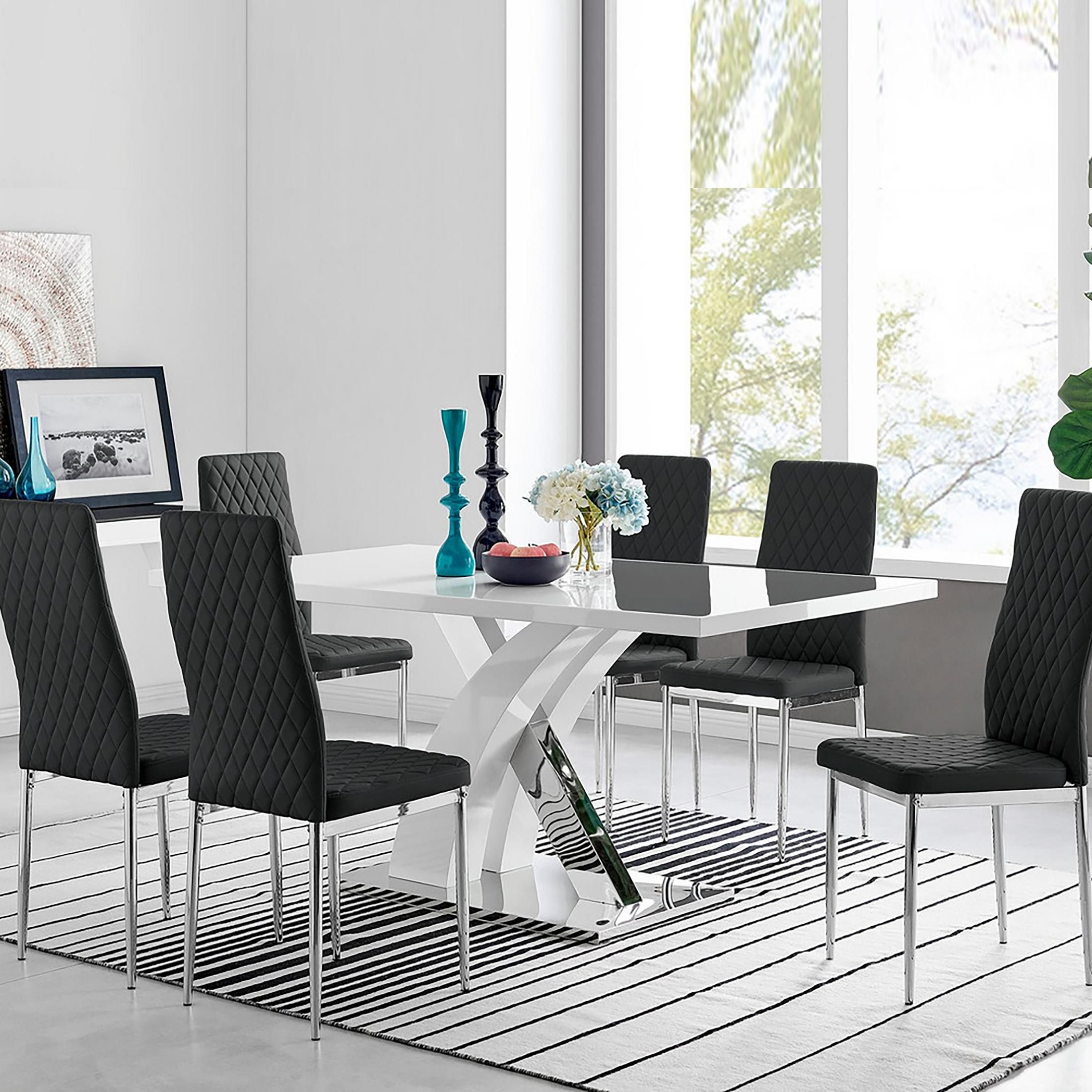 FurnitureboxUK Atlanta Modern Rectangle Chrome Metal High Gloss White Dining Table & 6 Milan Chairs Set in Black