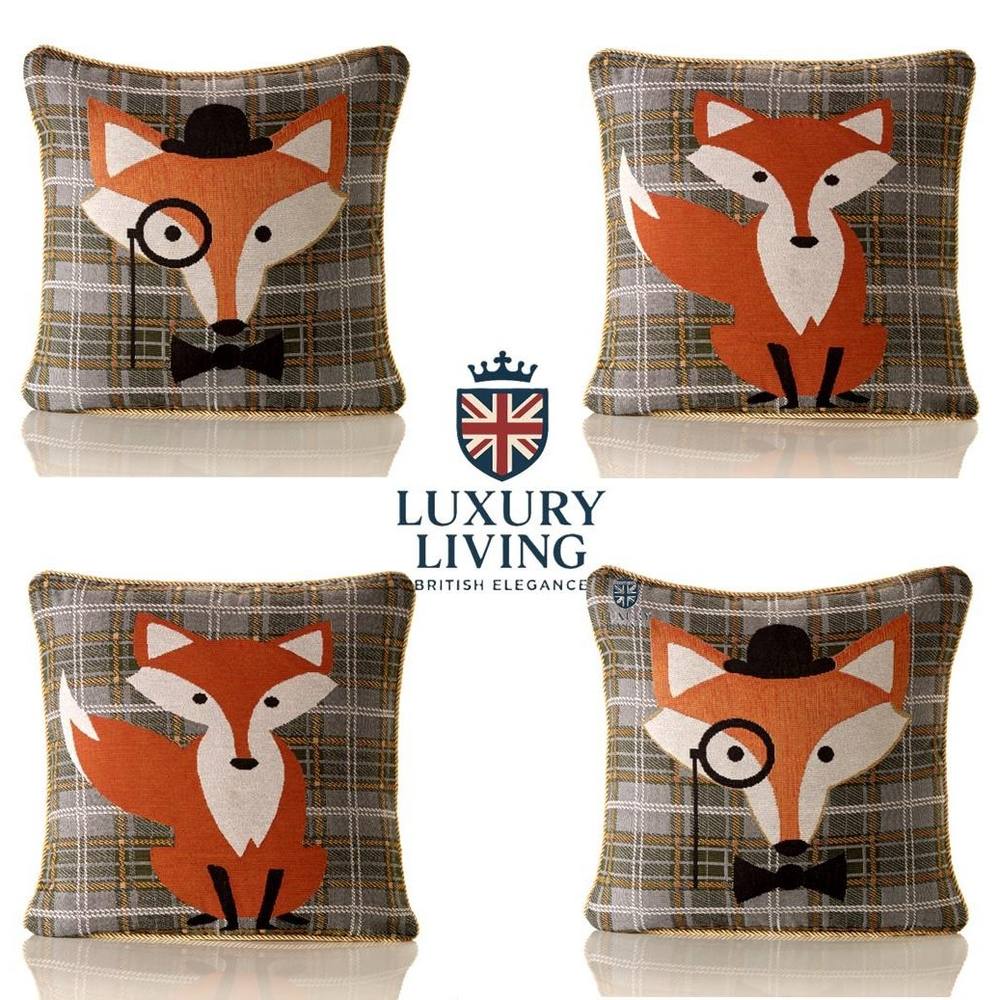 Luxury Living Dapper Fox Tapestry Cushions - (Set of 4 with Plump Pads)