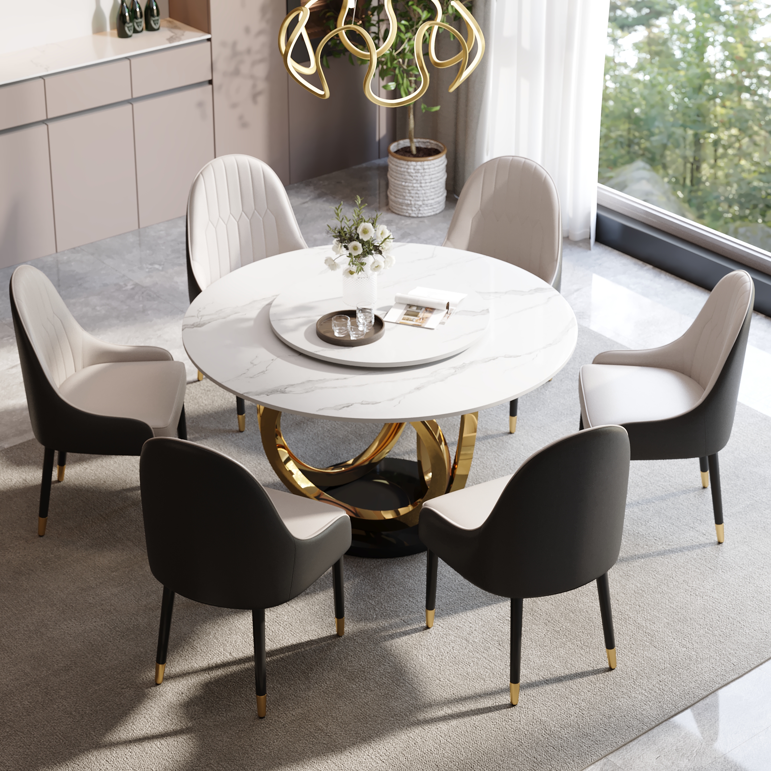 7 Piece Dining Room Set 1500mm Sintered Stone Top Round Dining Table White&Grey 6 Chairs