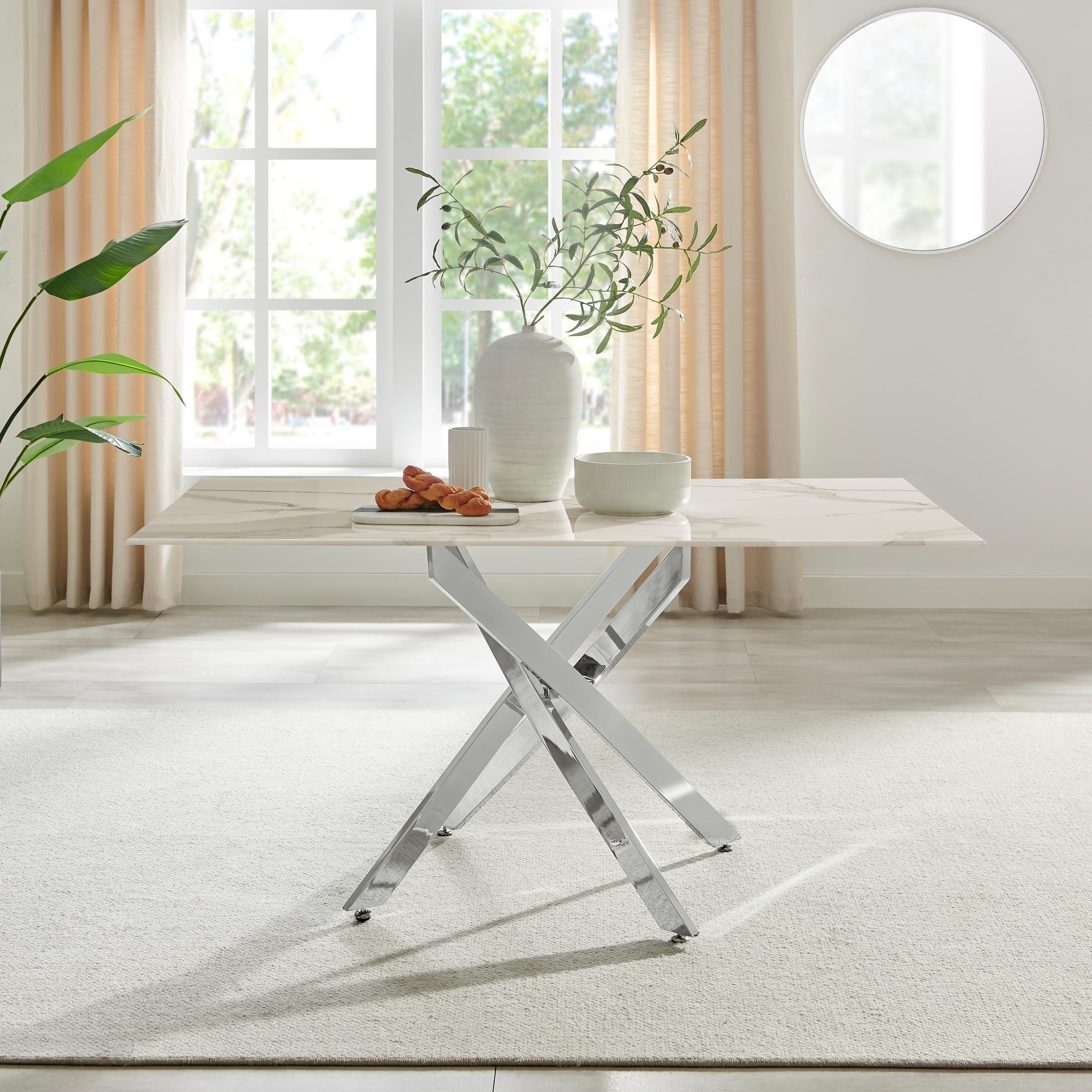 FurnitureboxUK Leonardo 6-Seater Dining Table With Marble Effect Glass Top & Silver Metal Legs in White