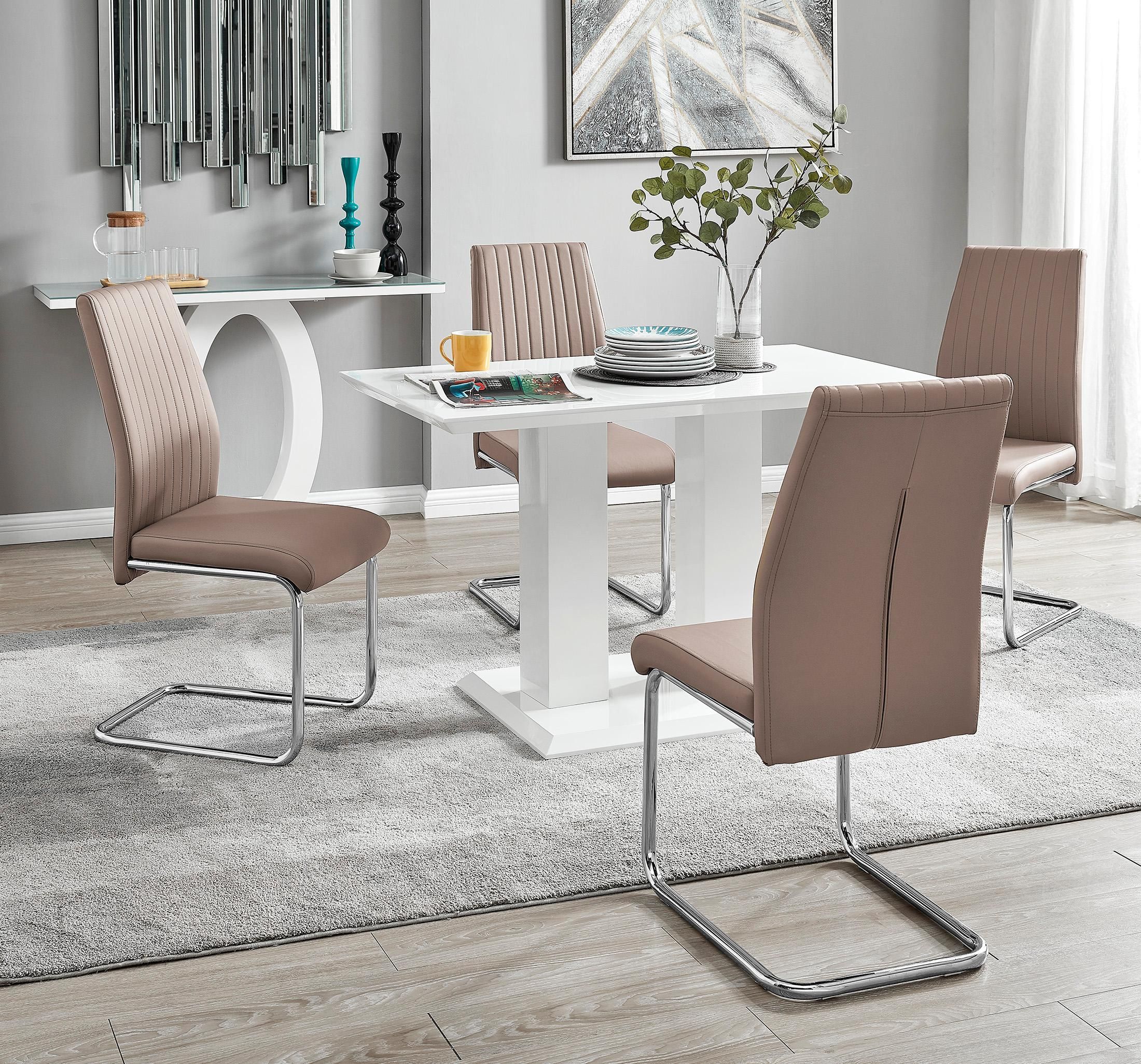 FurnitureboxUK Imperia 4 Seater Modern White High Gloss Rectangular Dining Table & 4 Lorenzo Faux Leather Chairs in Beige