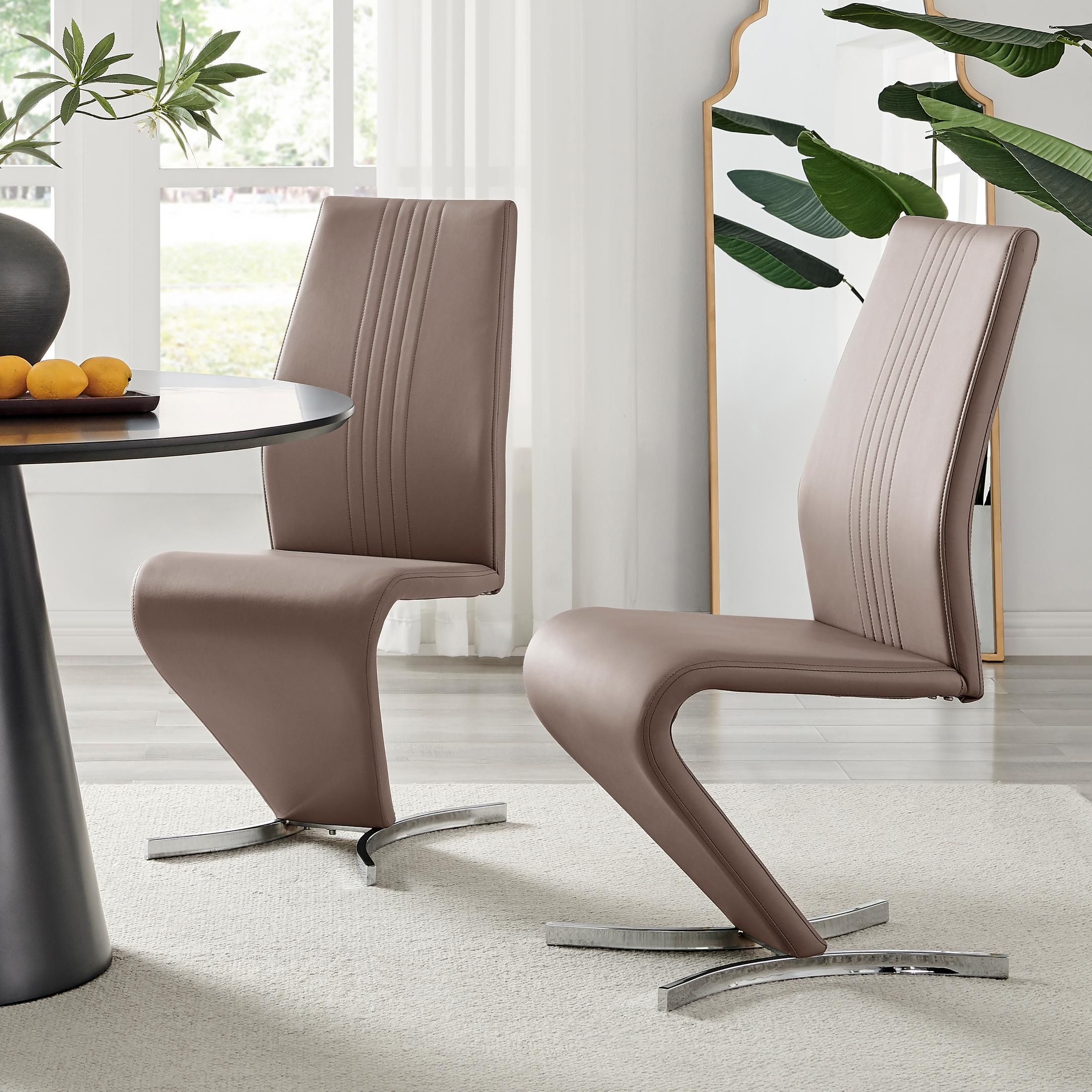 FurnitureboxUK Set of 2 Willow Contemporary Z Shaped Faux Leather Dining Chairs With Silver Chrome Metal Legs in Beige
