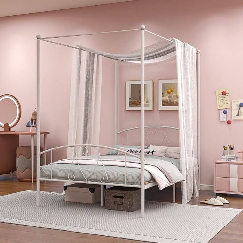 Costway Double Size Metal Canopy Bed Frame 4-Poster Modern Platform Wooden Slat Support in White